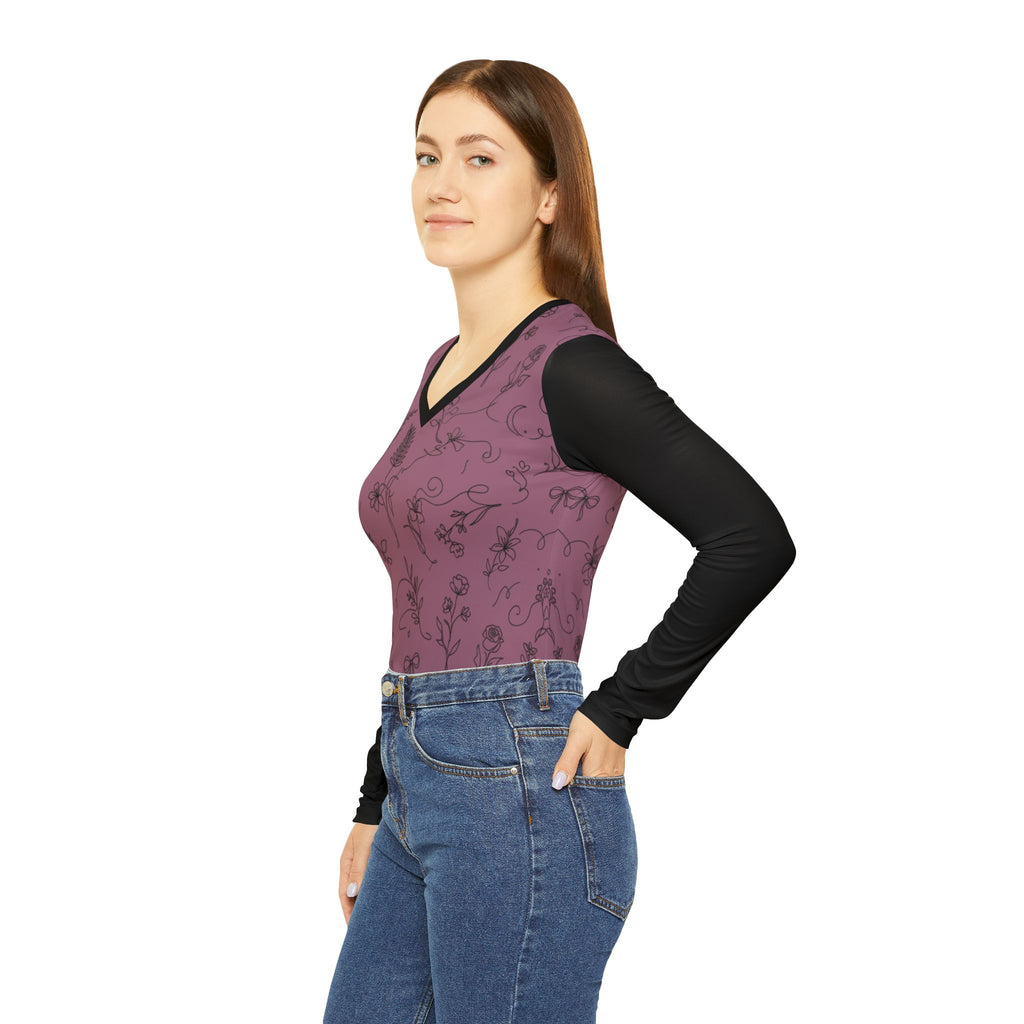 Floral Line Art Long Sleeve V-Neck Shirt
