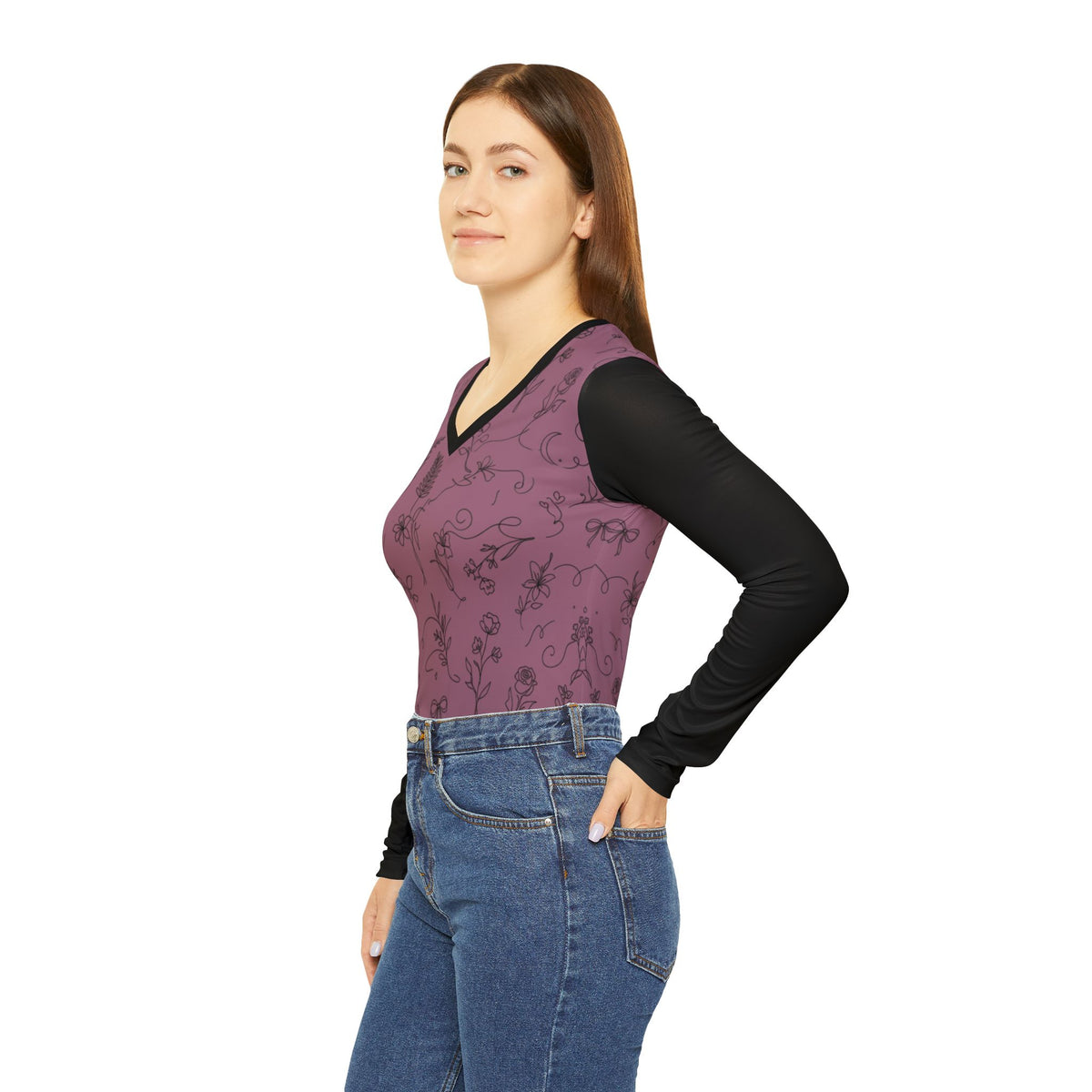 Floral Line Art Long Sleeve V-Neck Shirt