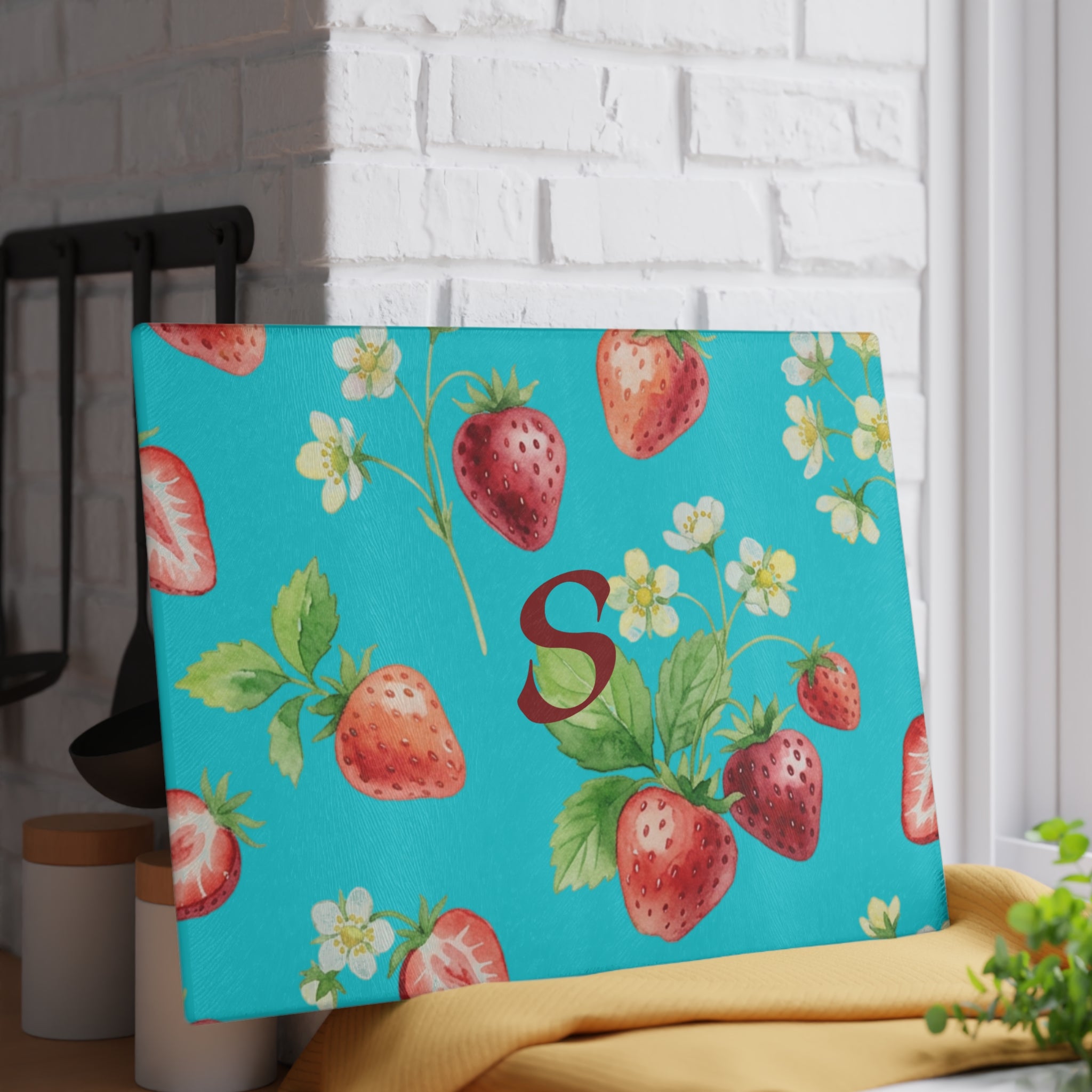 Glass Cutting Board | Strawberry Pattern Custom Monogram Kitchen Decor