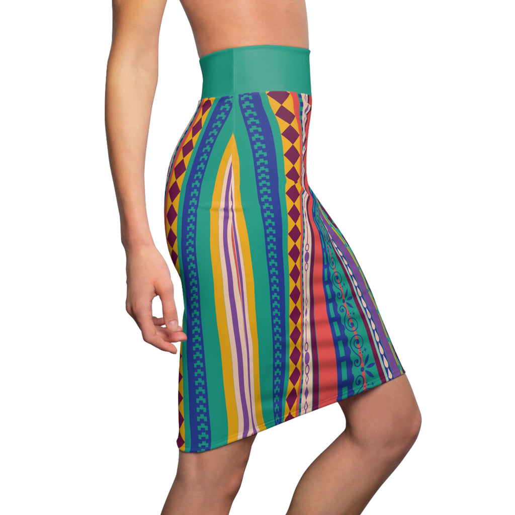 Women's Pencil Skirt — Vibrant Tribal Inspired Midi