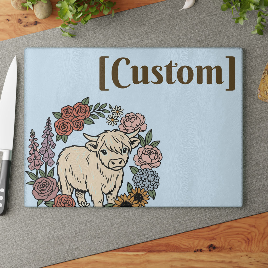 Glass Cutting Board | Customizable Name Option Highland Cow