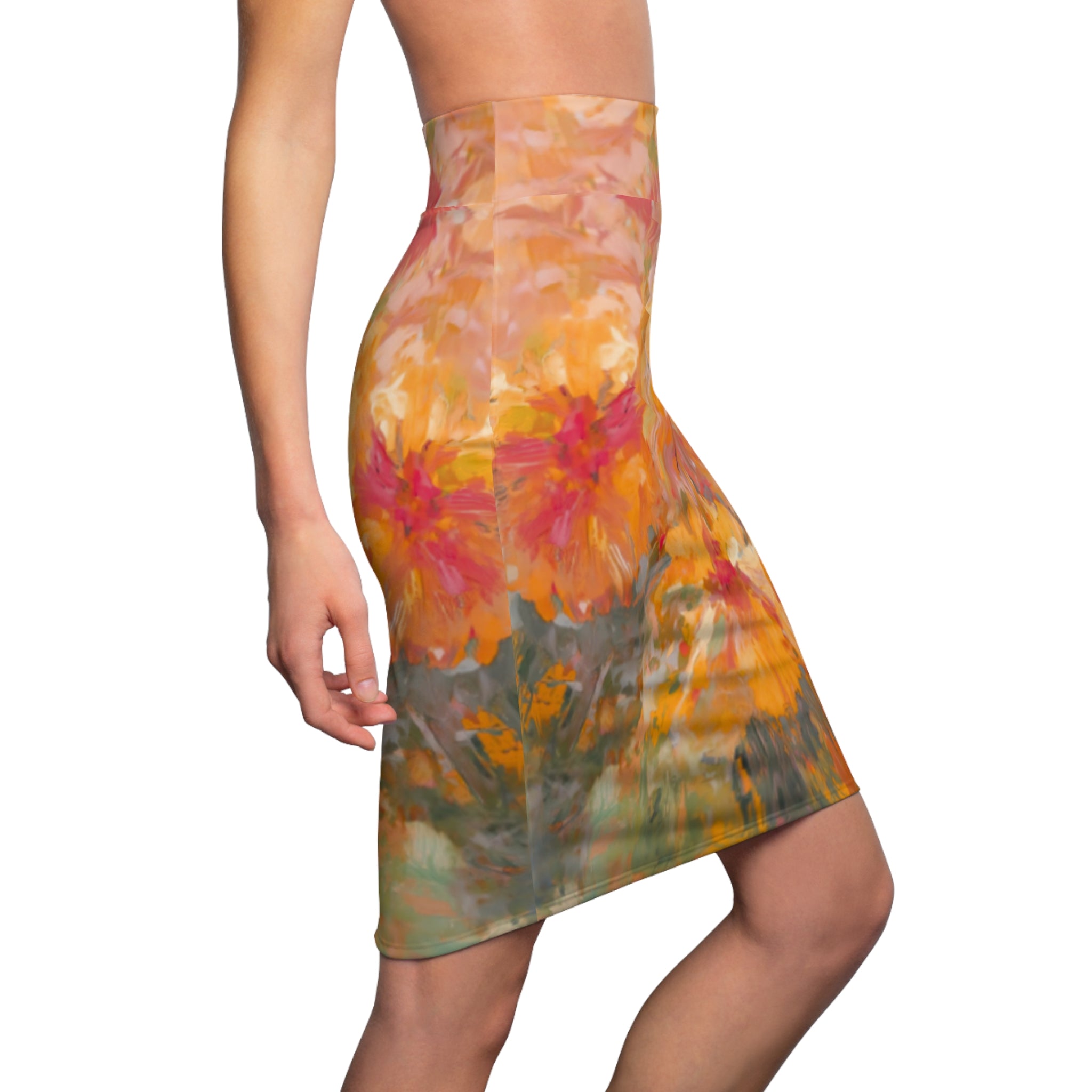 Women's Pencil Skirt | Watercolor Orange & Pink Abstract Floral Midi