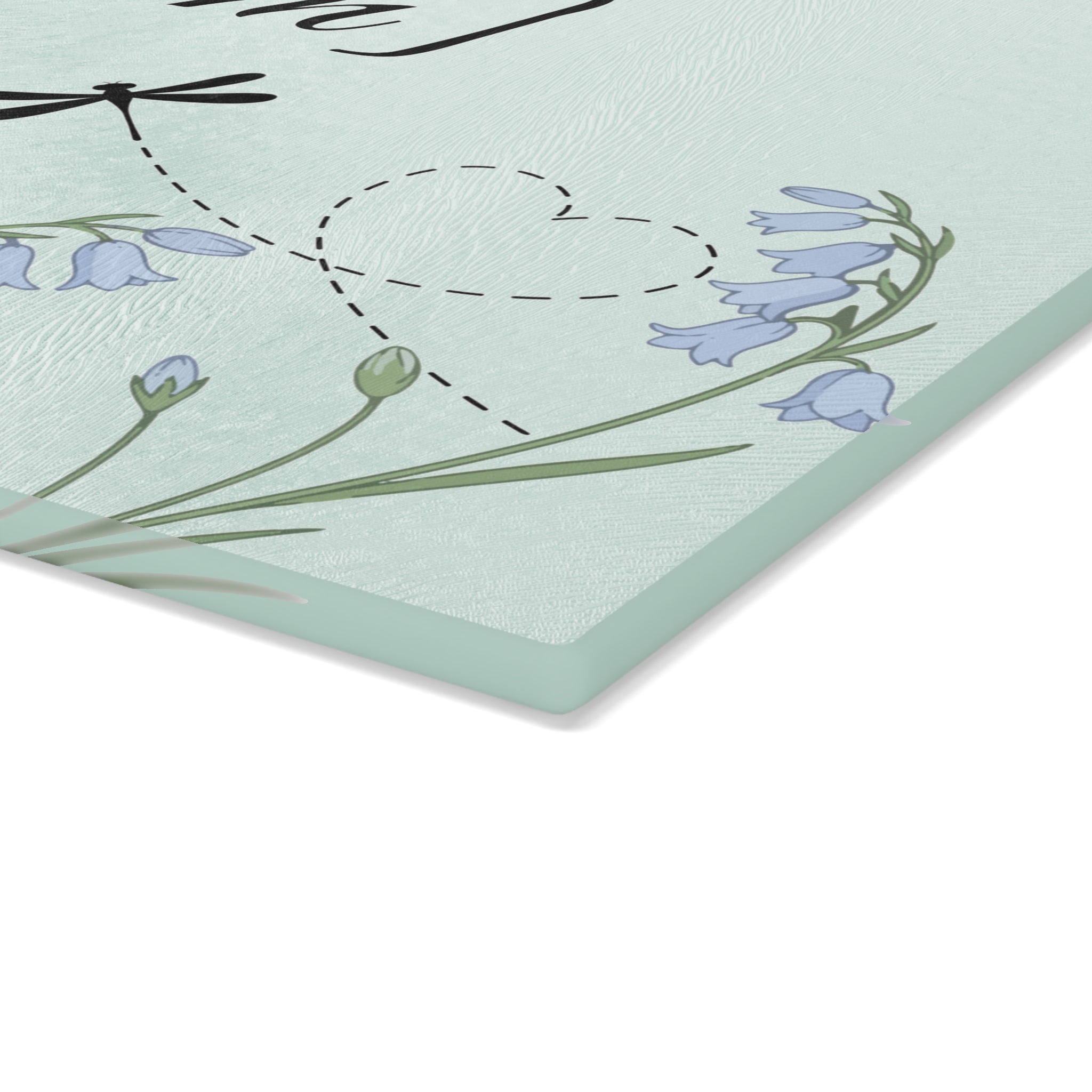 Glass Cutting Board | Bluebell Floral and Dragonfly with Custom Name Option