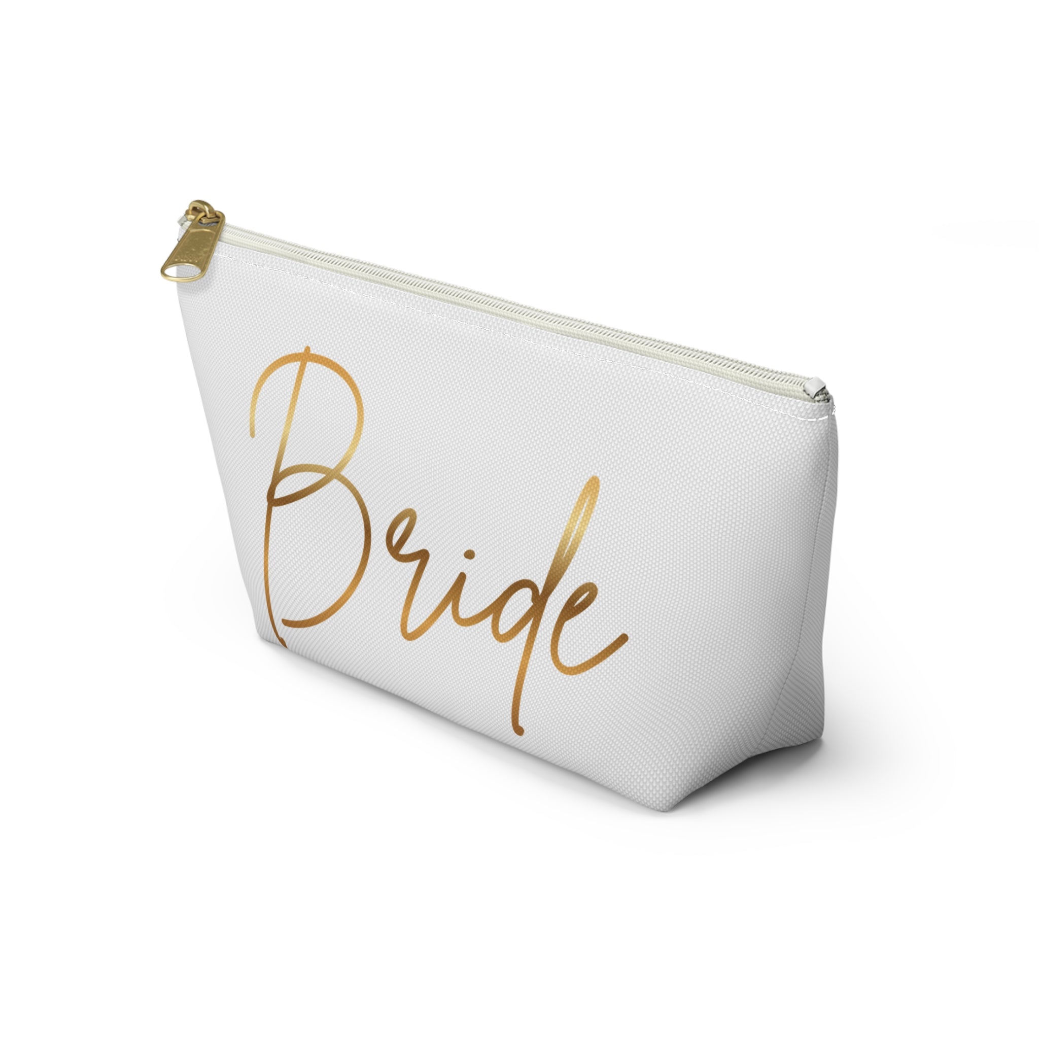 T Bottom Accessory Pouch | 'Bride' White with Gold Script Cosmetic Bag