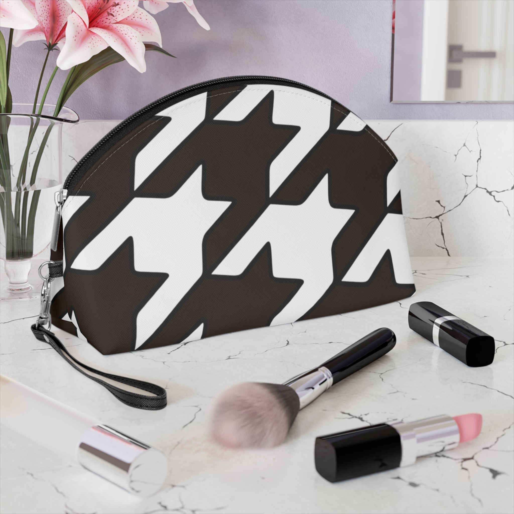 Cosmetic Pouch | Black & White Houndstooth Makeup Bag with Wrist Strap