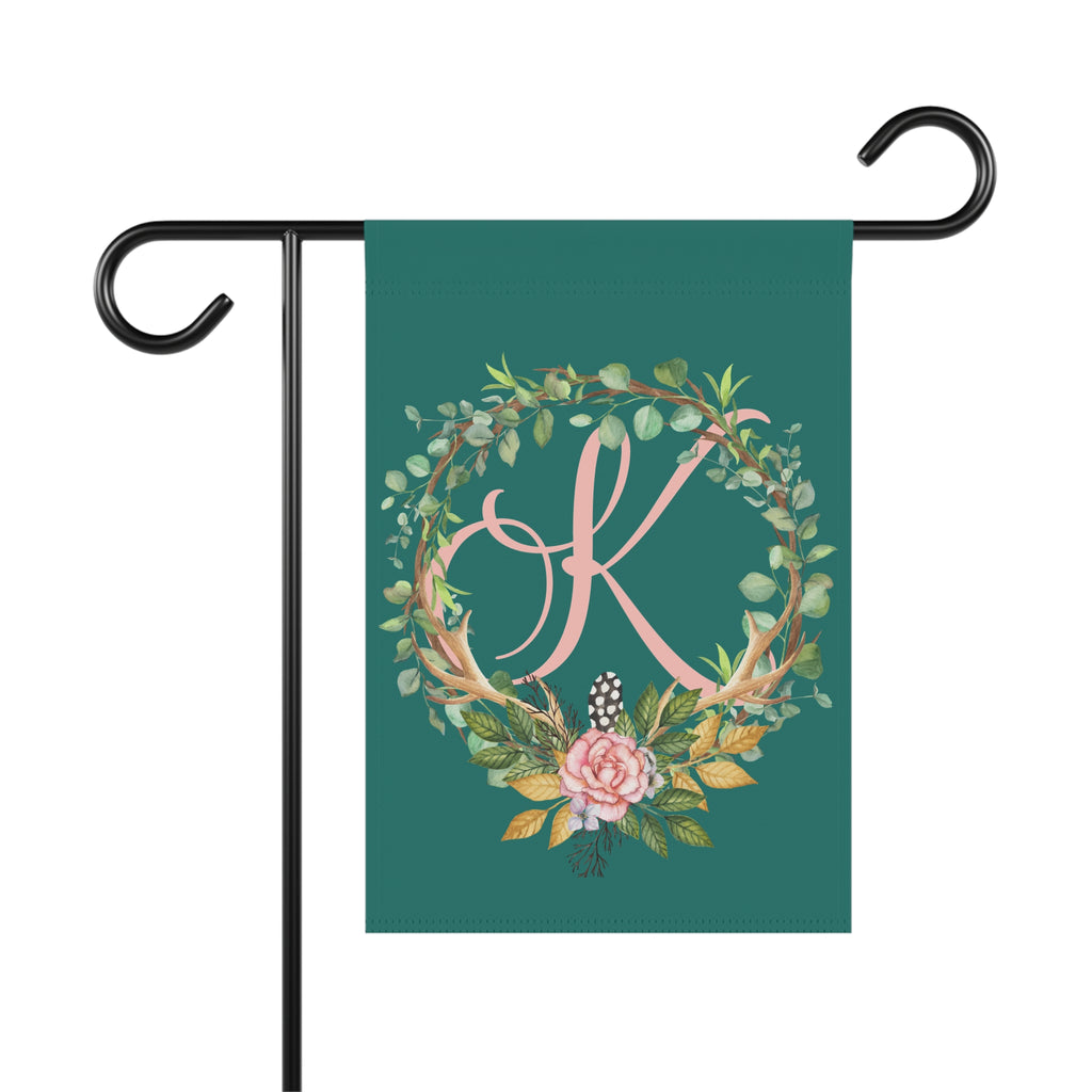Home & Garden Banner | 'K' Monogram Floral Boho Wreath Flag