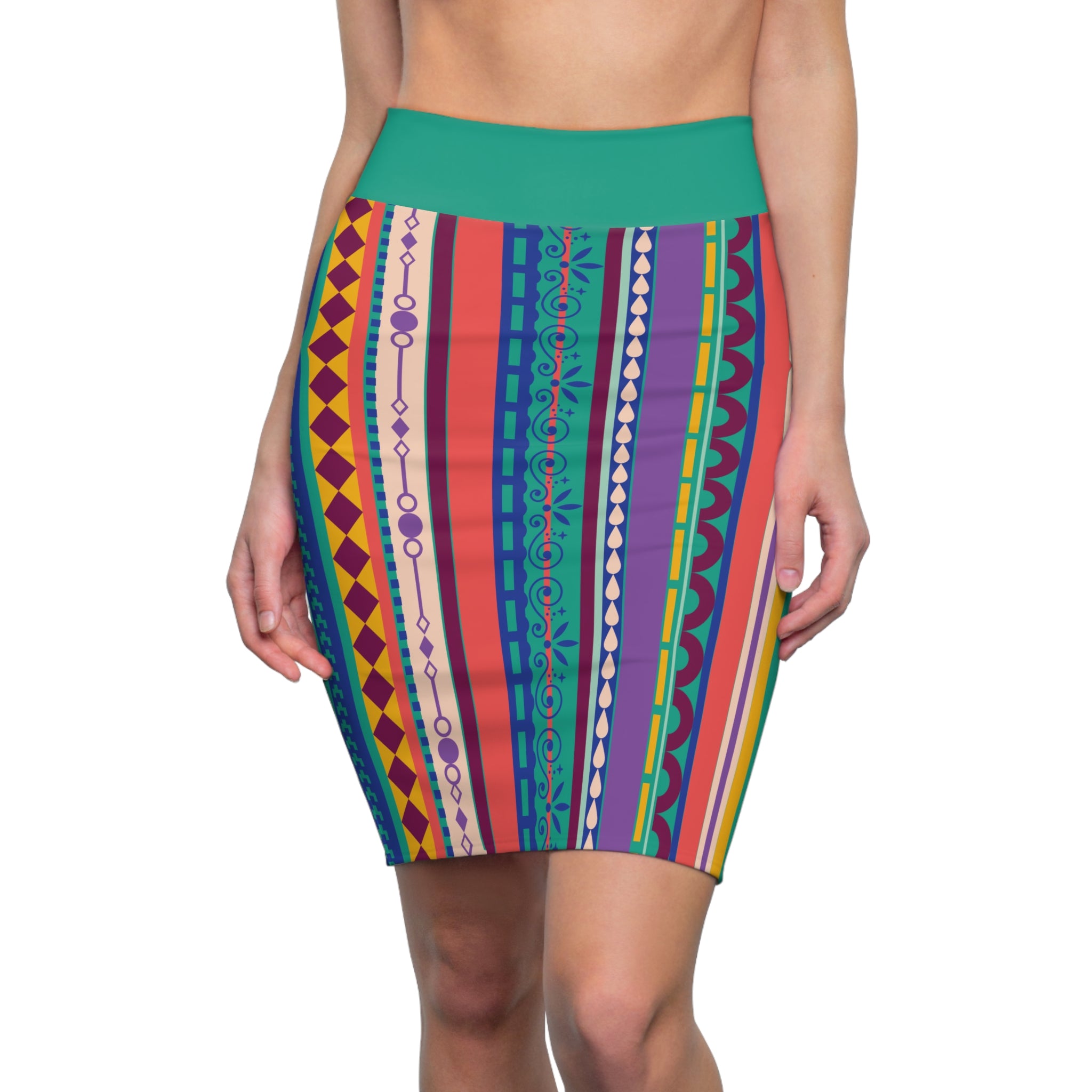 Women's Pencil Skirt — Vibrant Tribal Inspired Midi