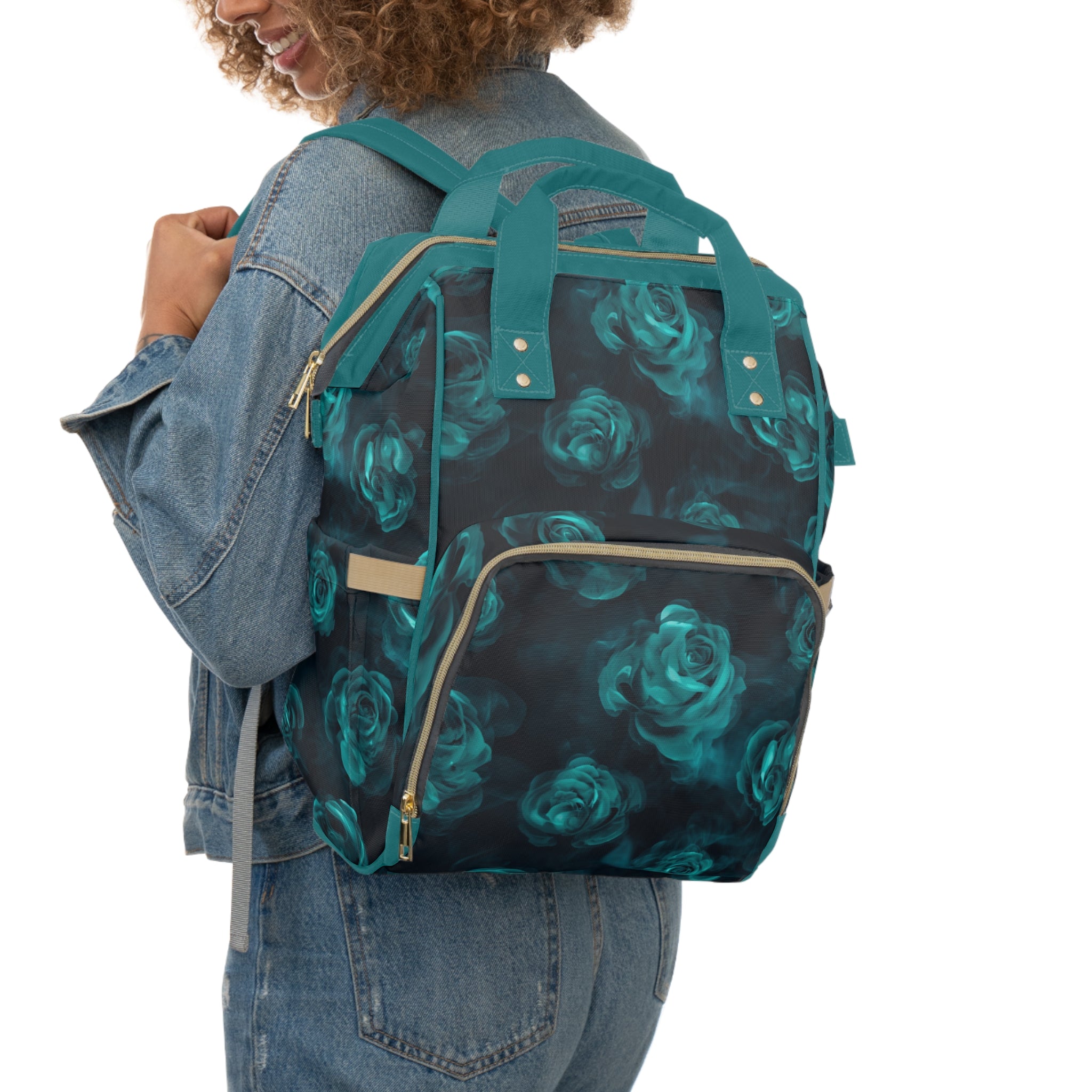 Diaper Backpack | Stylish Teal Rose Multifunctional Baby Bag