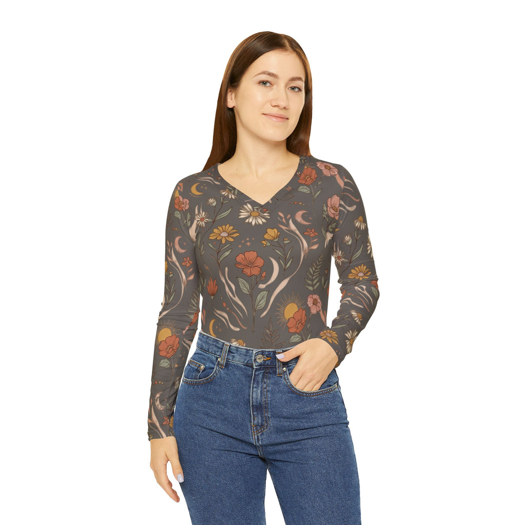 Floral Moon Boho Long Sleeve V-Neck Shirt
