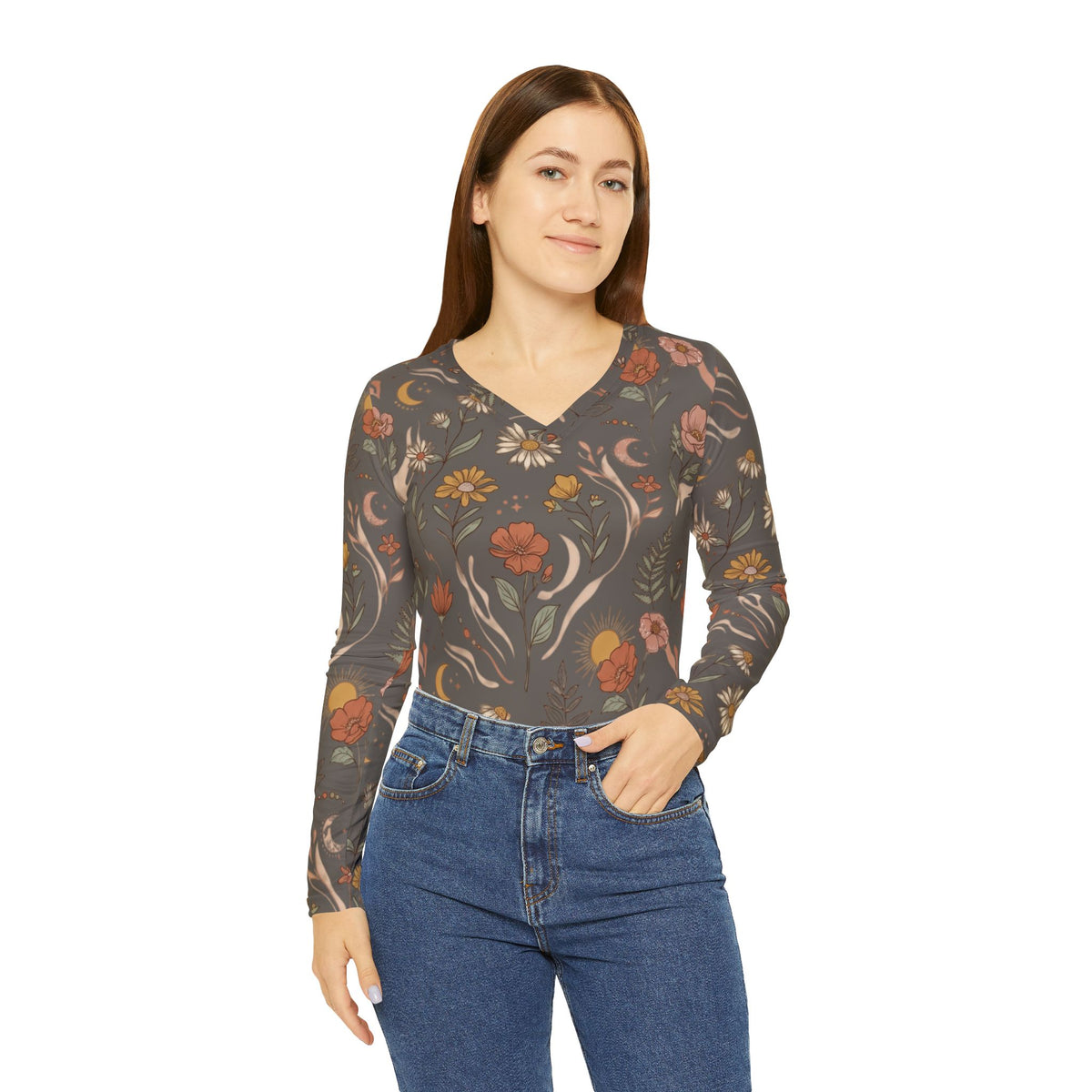 Floral Moon Boho Long Sleeve V-Neck Shirt