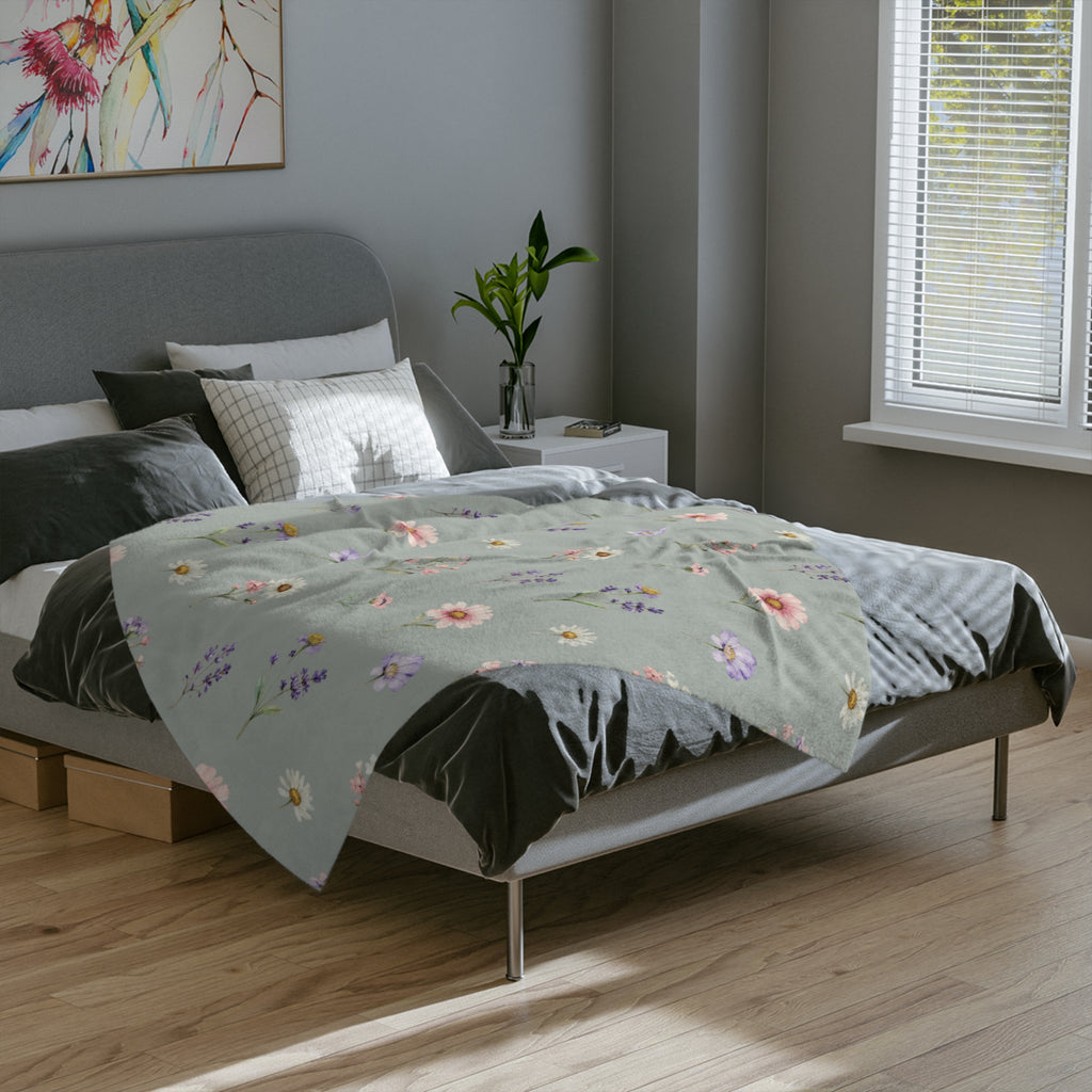 Pastel Wildflowers on Muted Olive Velveteen Throw