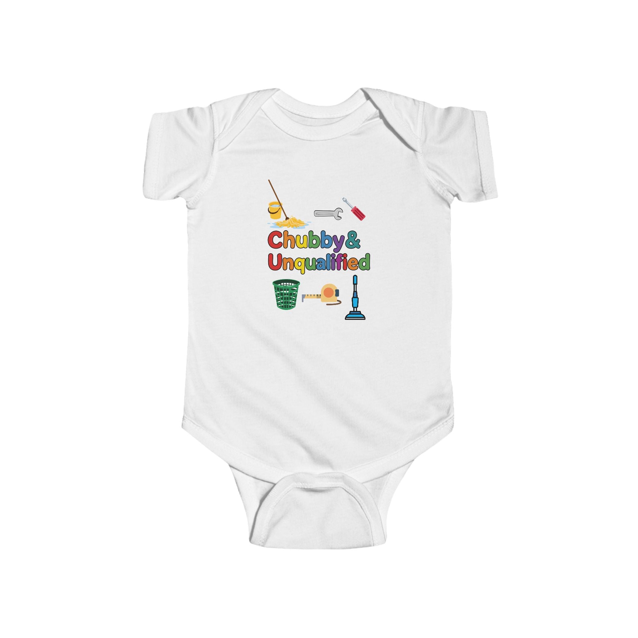 Baby Bodysuit | "Chubby & Unqualified" Cute Baby Onesie with Colorful Cleaning Icons