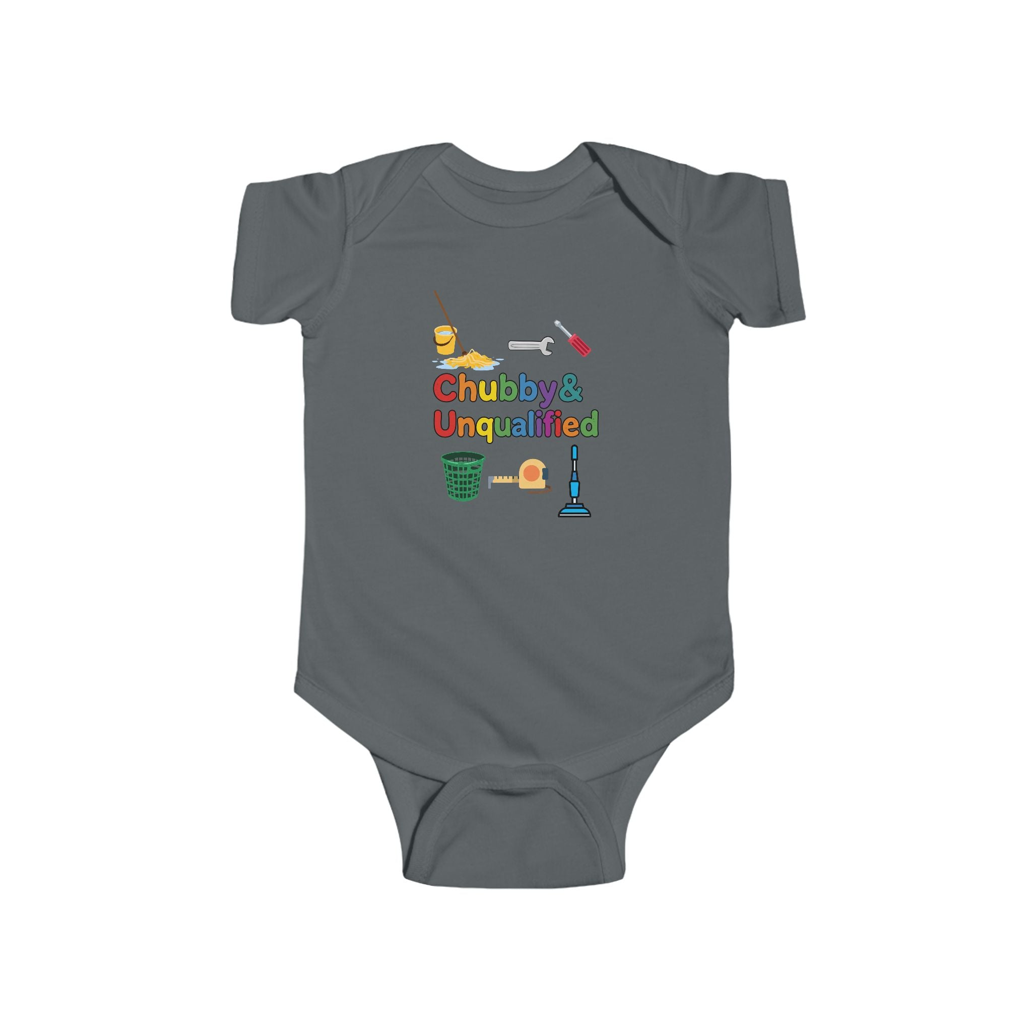 Baby Bodysuit | "Chubby & Unqualified" Cute Baby Onesie with Colorful Cleaning Icons