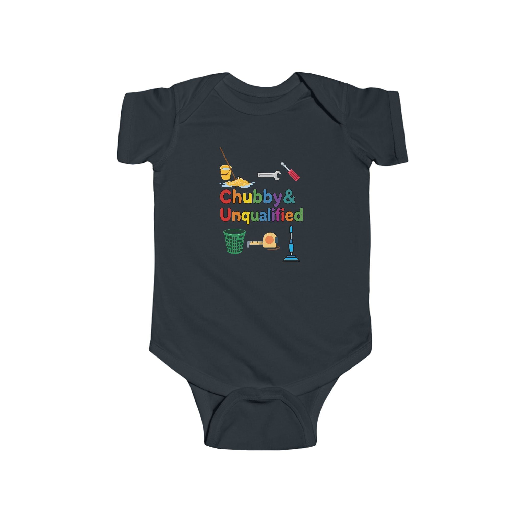 Baby Bodysuit | "Chubby & Unqualified" Cute Baby Onesie with Colorful Cleaning Icons