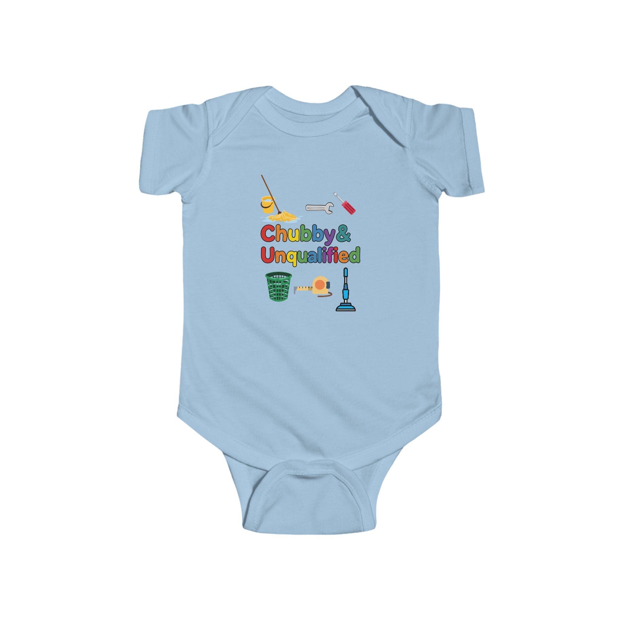 Baby Bodysuit | "Chubby & Unqualified" Cute Baby Onesie with Colorful Cleaning Icons