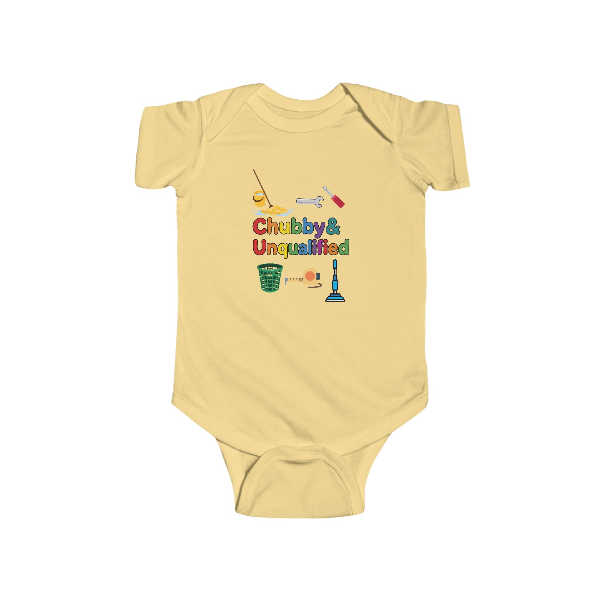 Baby Bodysuit | "Chubby & Unqualified" Cute Baby Onesie with Colorful Cleaning Icons