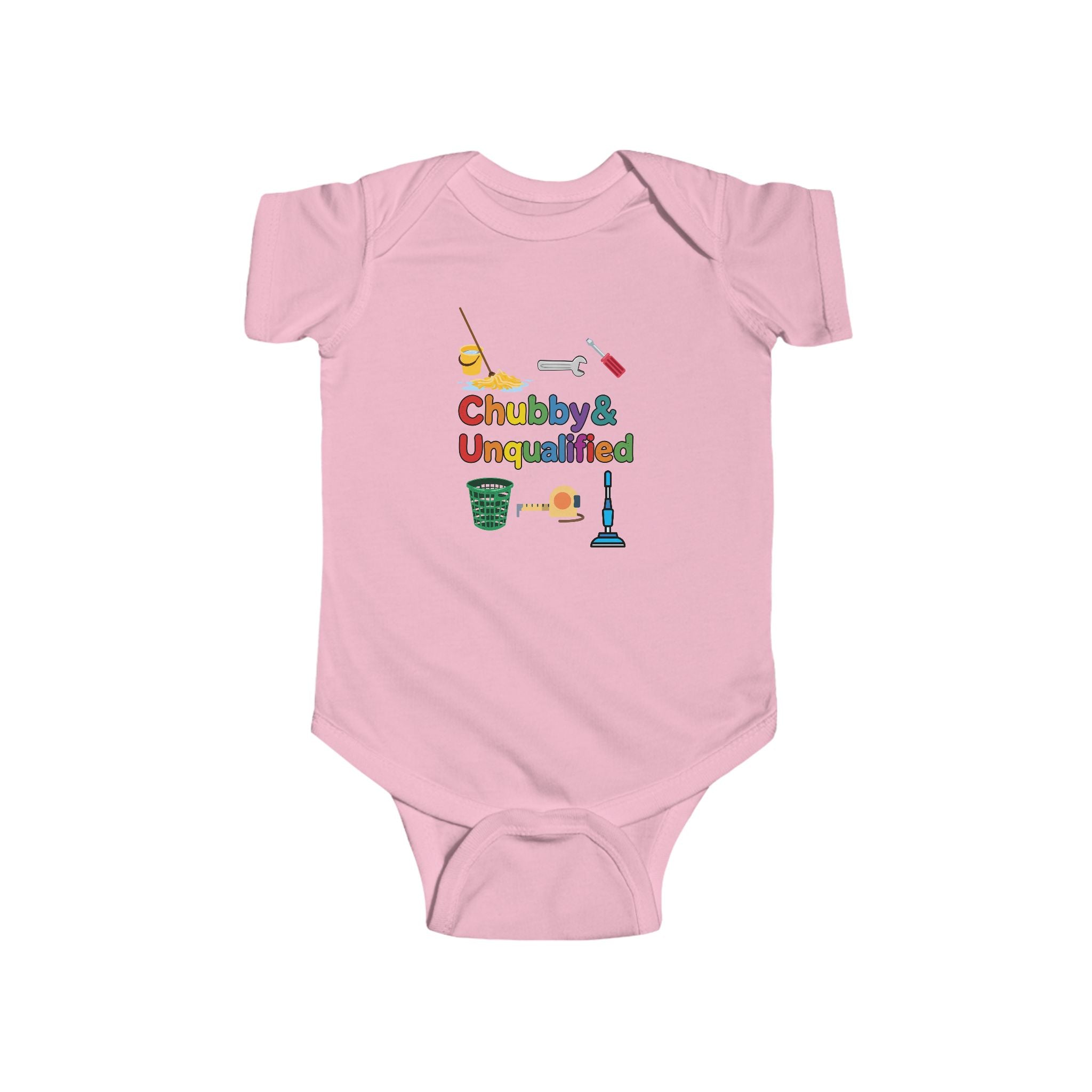 Baby Bodysuit | "Chubby & Unqualified" Cute Baby Onesie with Colorful Cleaning Icons
