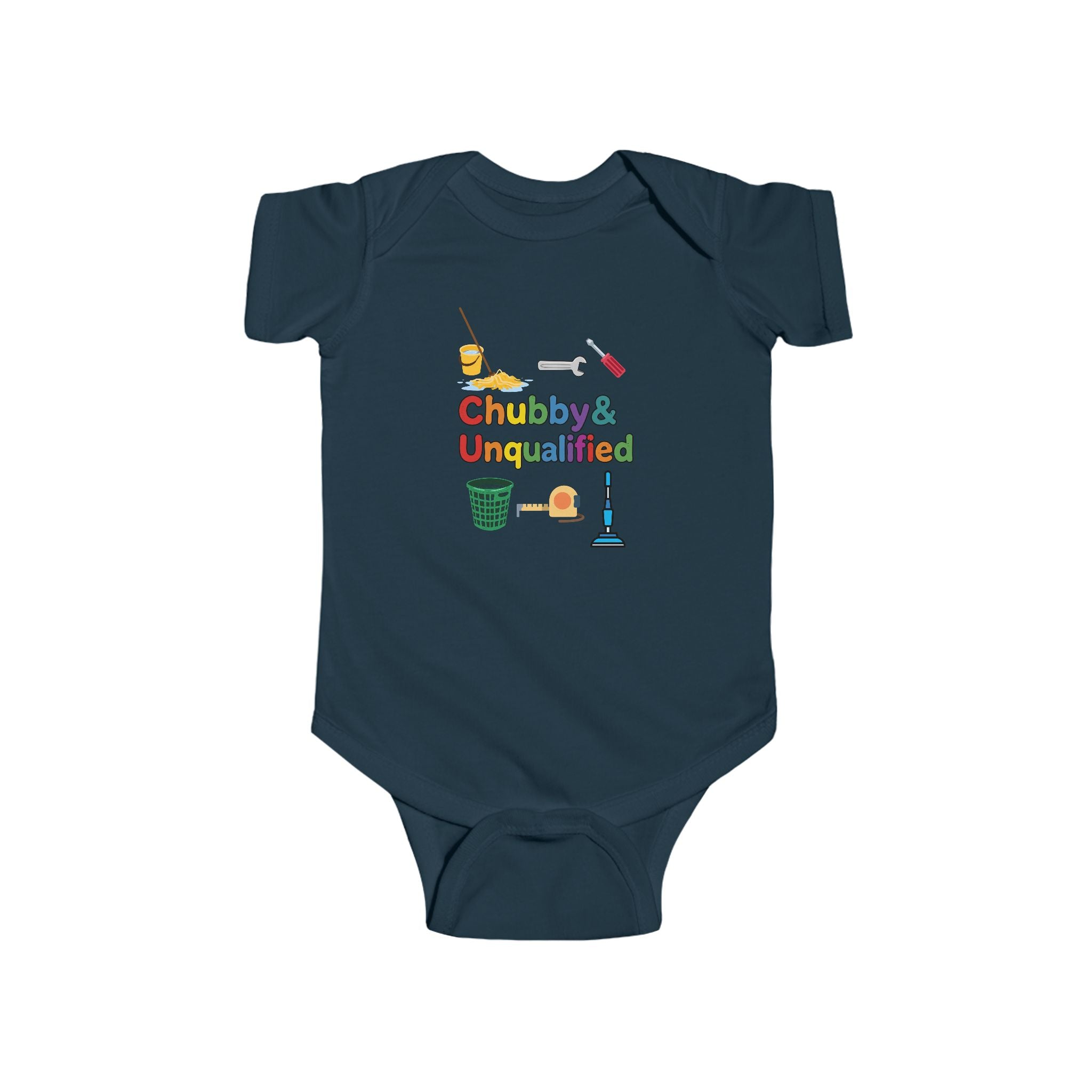 Baby Bodysuit | "Chubby & Unqualified" Cute Baby Onesie with Colorful Cleaning Icons
