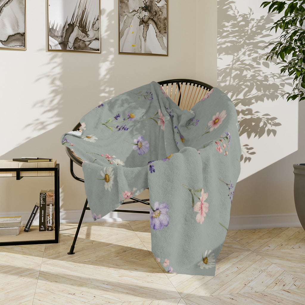 Pastel Wildflowers on Muted Olive Velveteen Throw