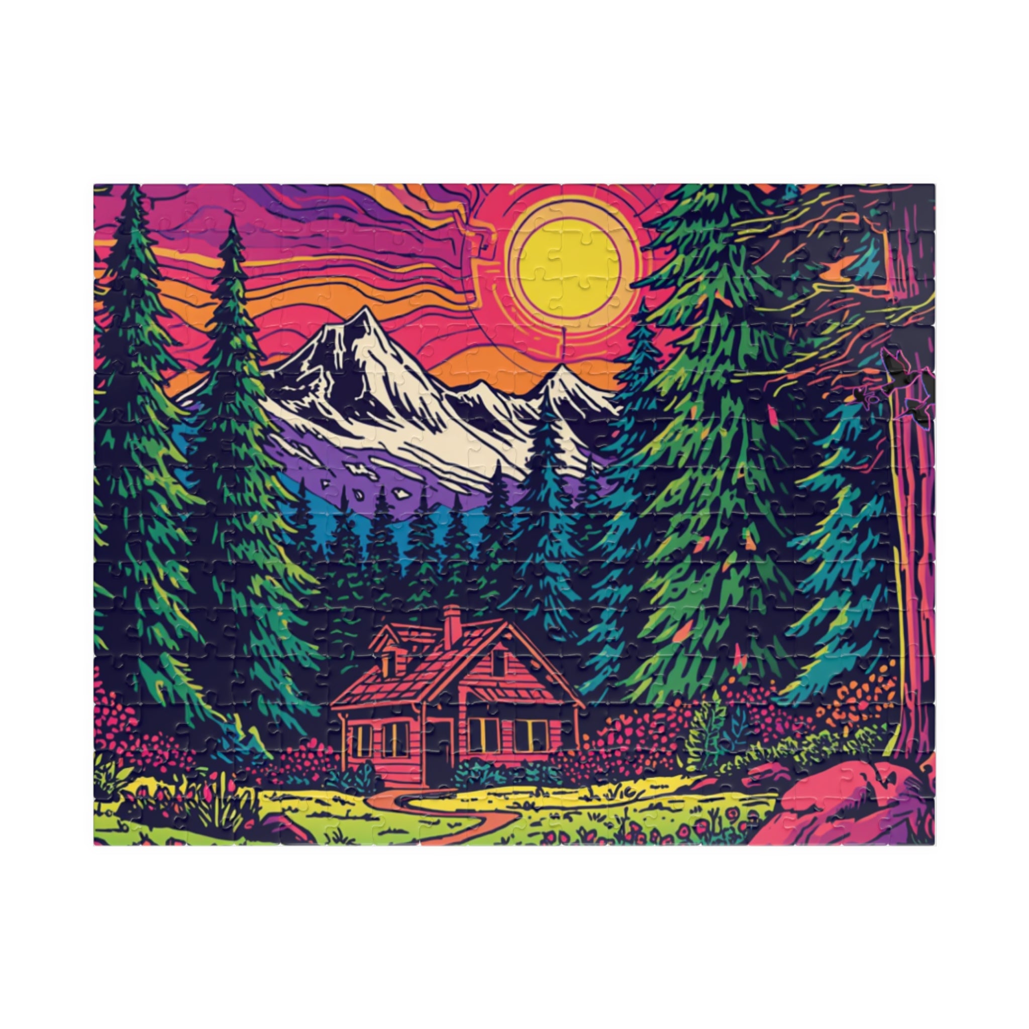 Jigsaw Puzzle | Scenic Neon Mountain Cabin Puzzle 110 or 252 Pieces