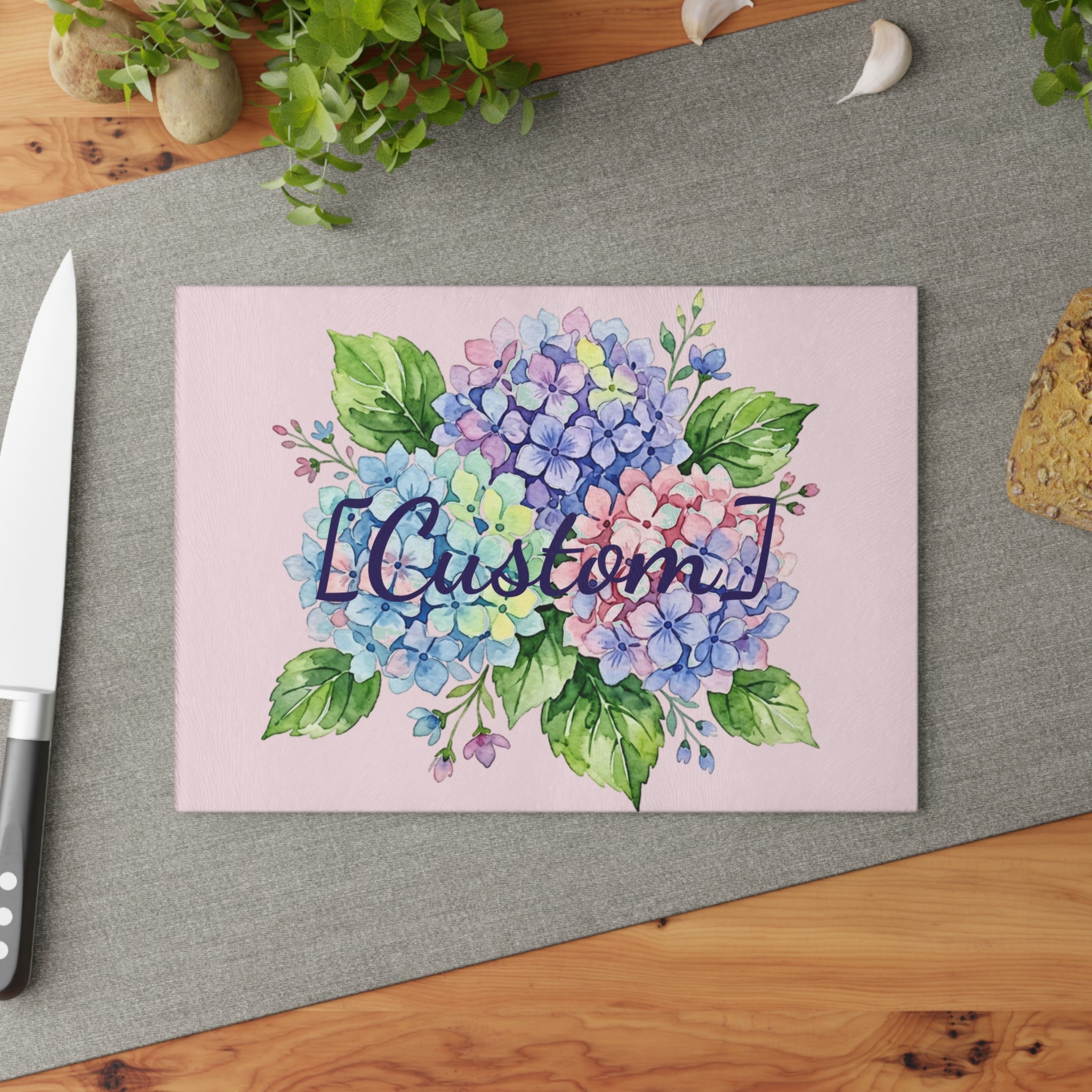Glass Cutting Board | Customizable Pastel Hydrangeas Kitchen Decor