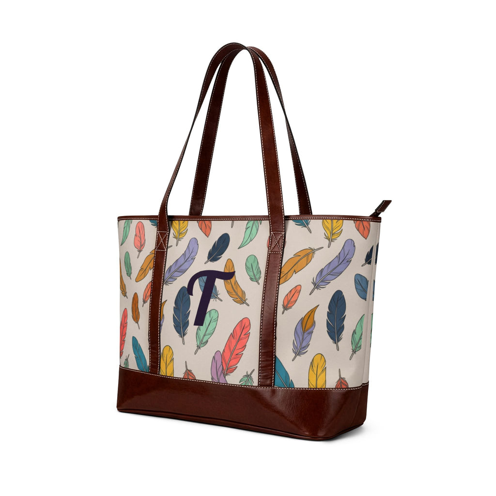 Handbag | Colorful Boho Feather Print Monogram Tote Purse