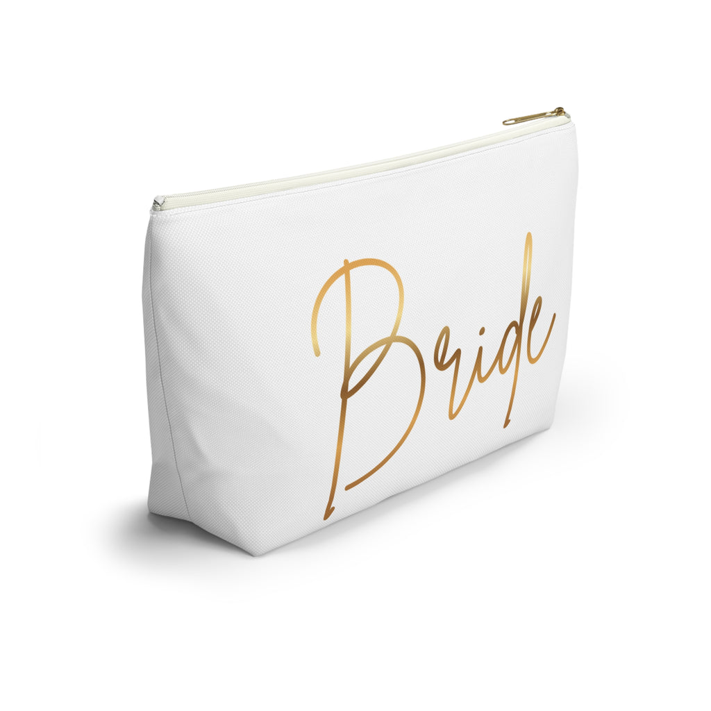 T Bottom Accessory Pouch | 'Bride' White with Gold Script Cosmetic Bag