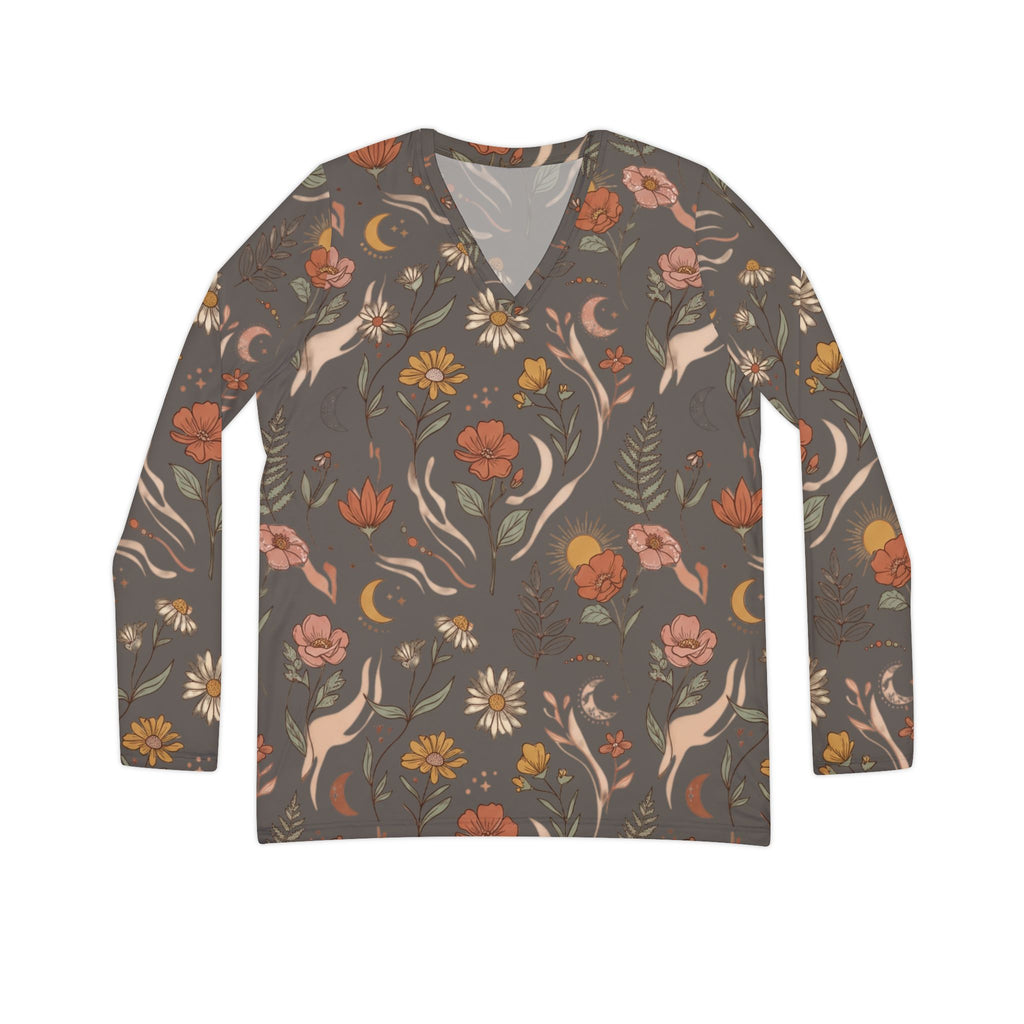 Floral Moon Boho Long Sleeve V-Neck Shirt