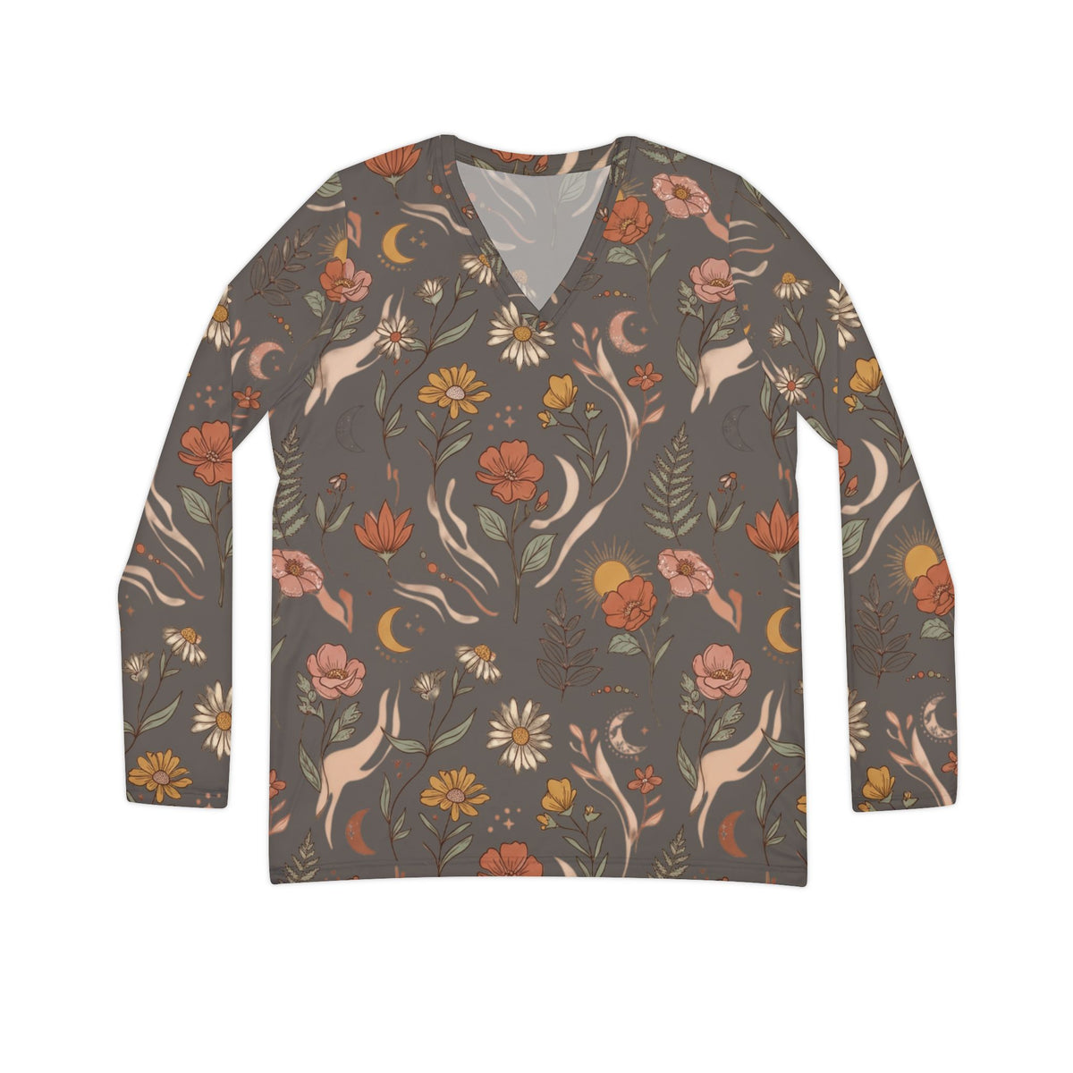 Floral Moon Boho Long Sleeve V-Neck Shirt