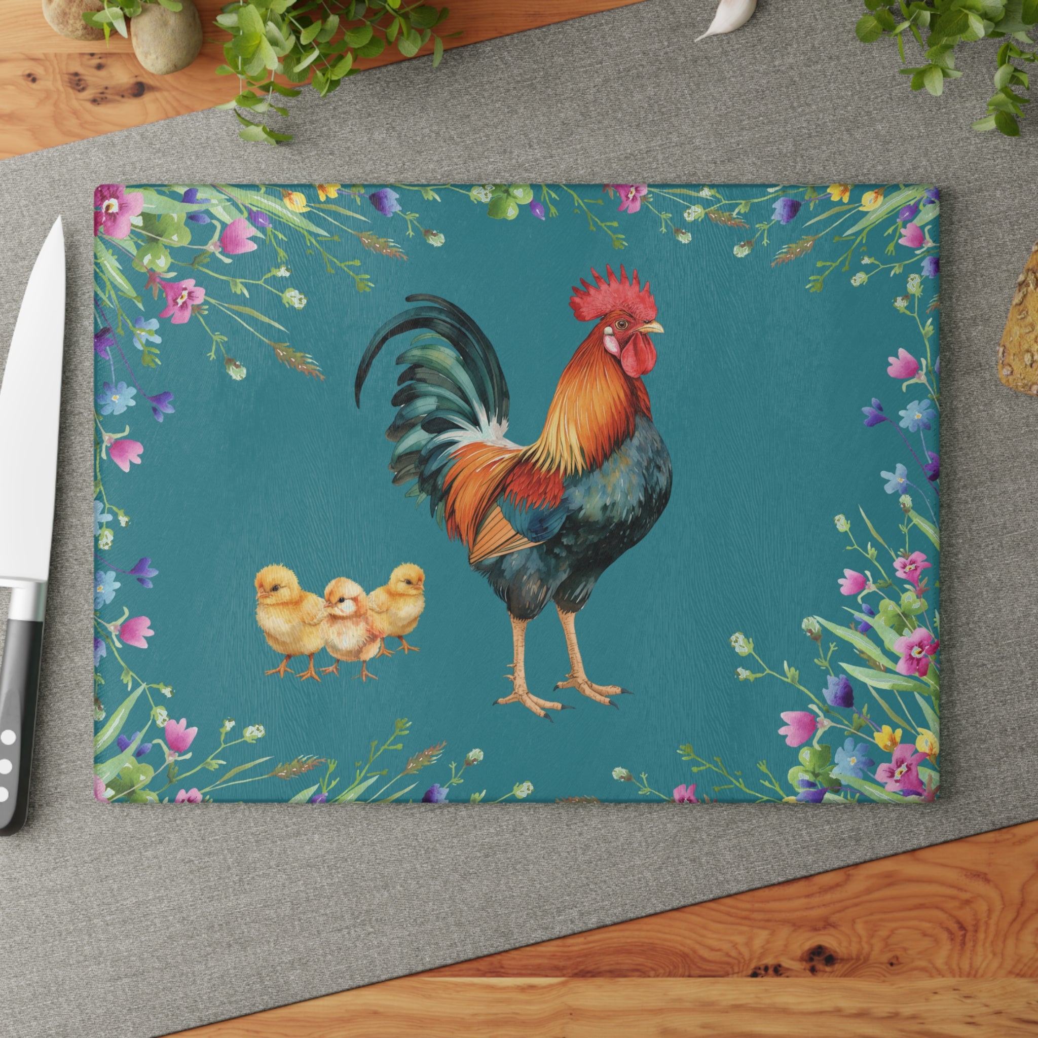 Glass Cutting Board | Rooster and Chicks Farmhouse Floral Kitchen Decor