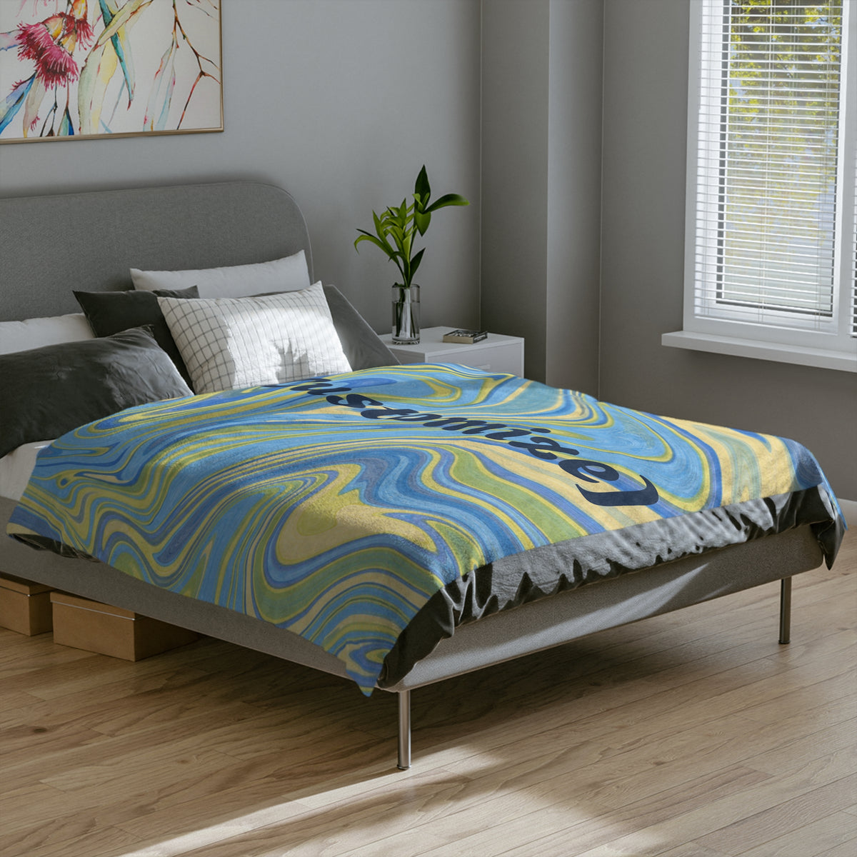 Customizable Blue-Yellow Marble Velveteen Throw