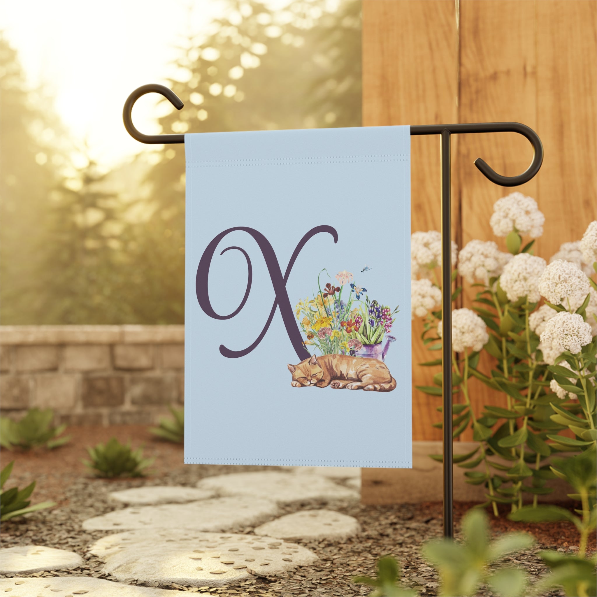 Home & Garden Banner | 'X' Monogram Flower Garden & Sleeping Cat Flag