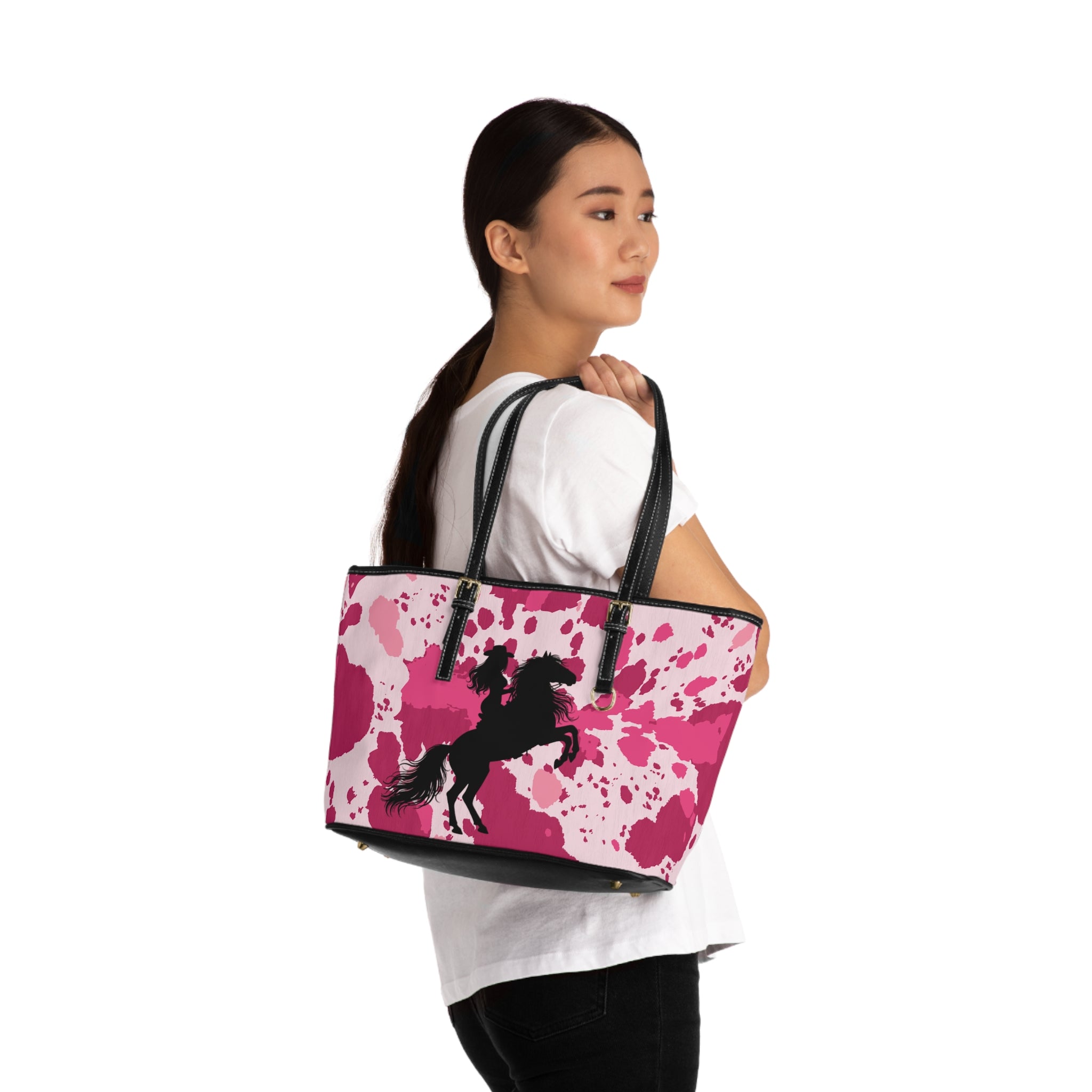 Handbag | Pink Cowhide Print with Woman on Horse Silhouette