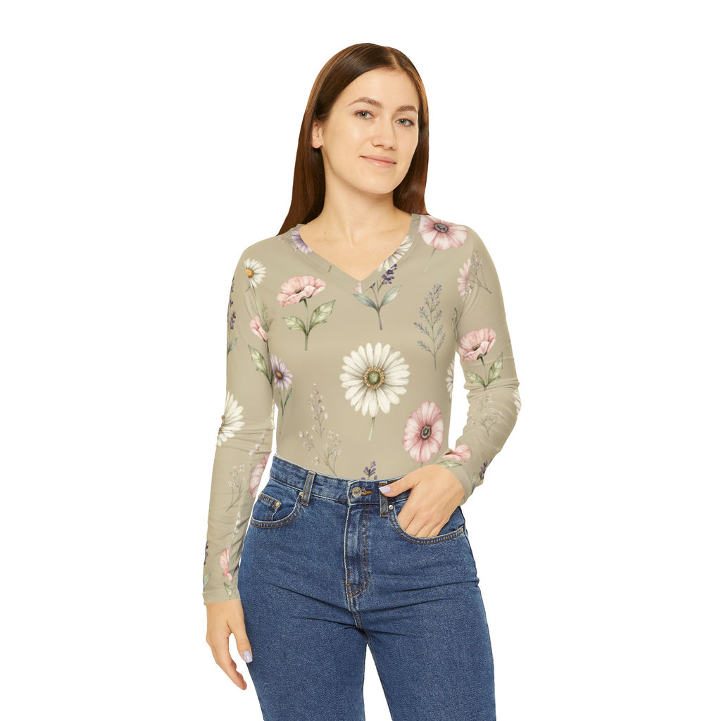 Pastel Wildflower V-Neck Long Sleeve Shirt