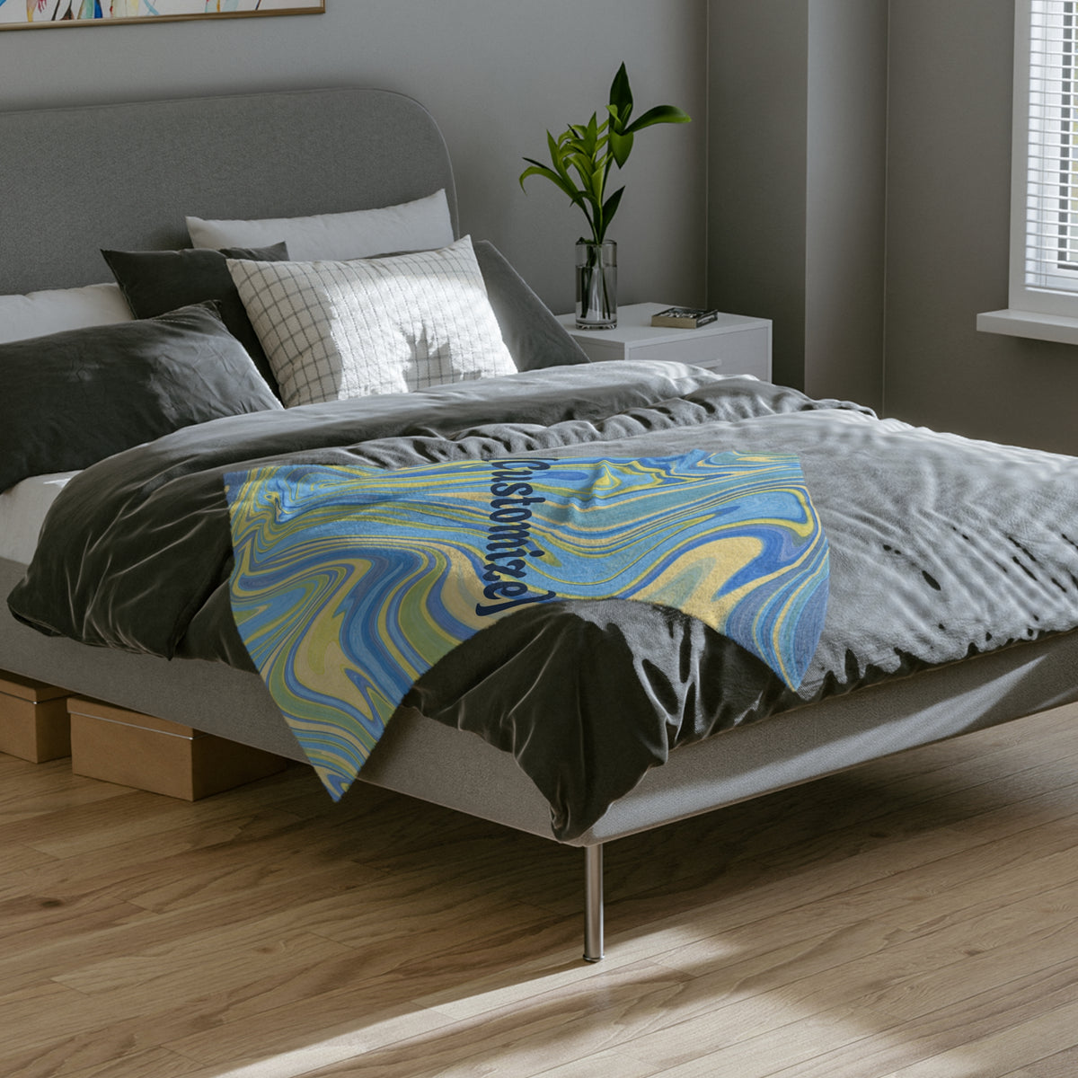 Customizable Blue-Yellow Marble Velveteen Throw