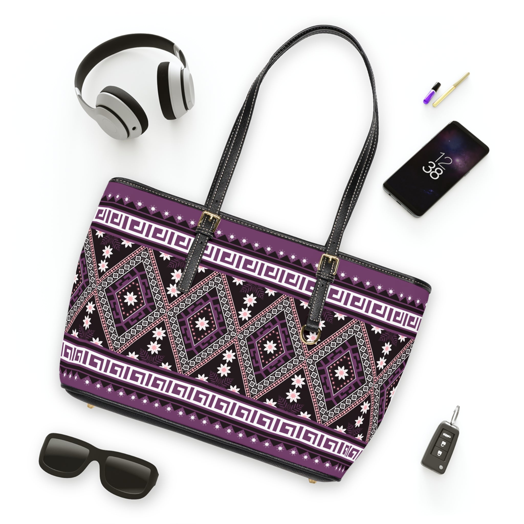Handbag | Boho Diamond Pattern Purple Tribal Shoulder Tote