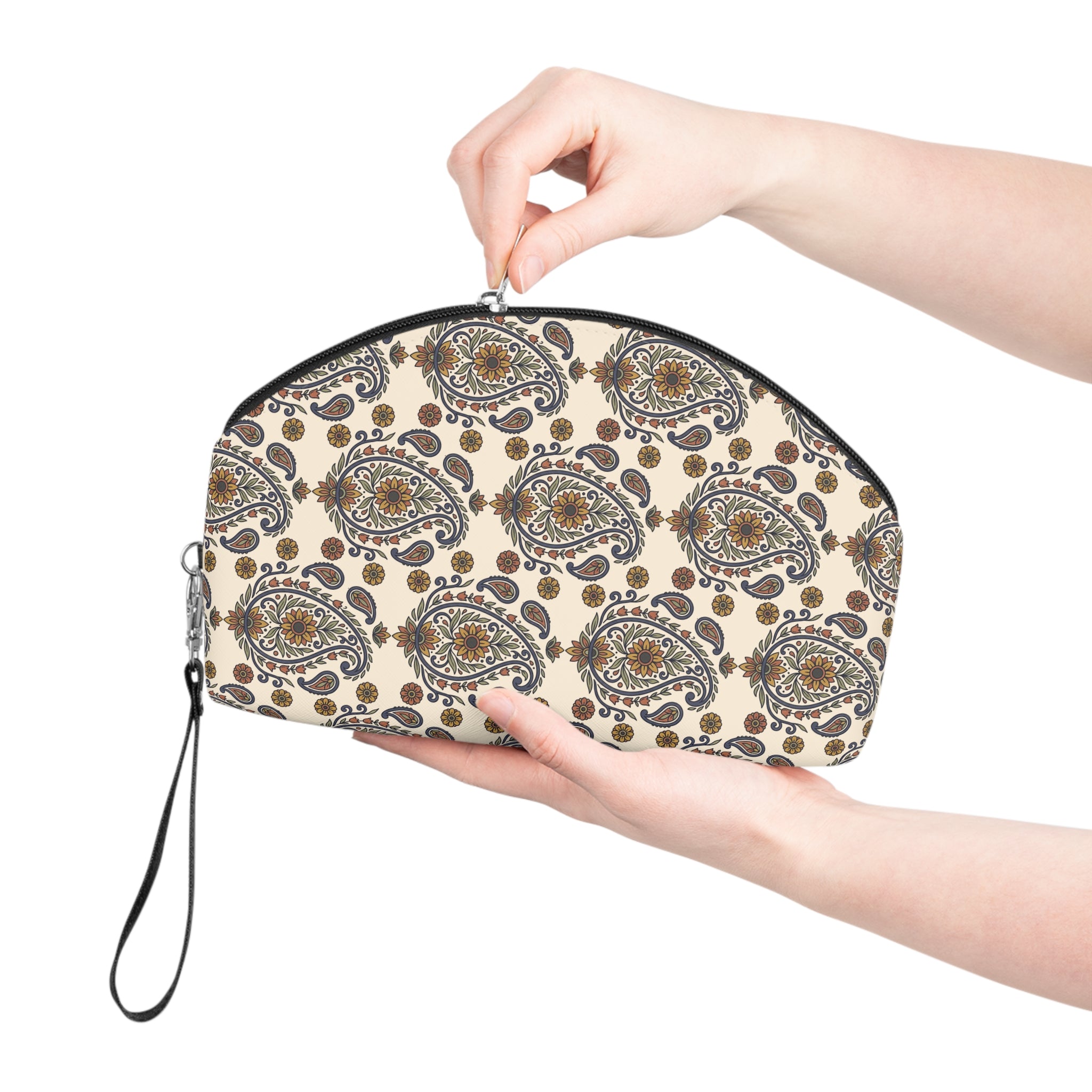 Cosmetic Pouch | Beige Classic Floral Paisley Makeup Bag
