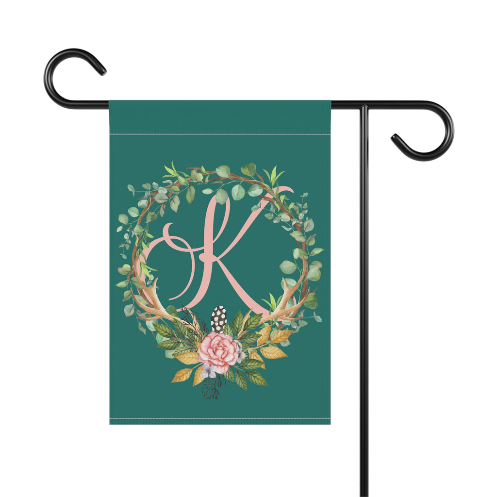 Home & Garden Banner | 'K' Monogram Floral Boho Wreath Flag