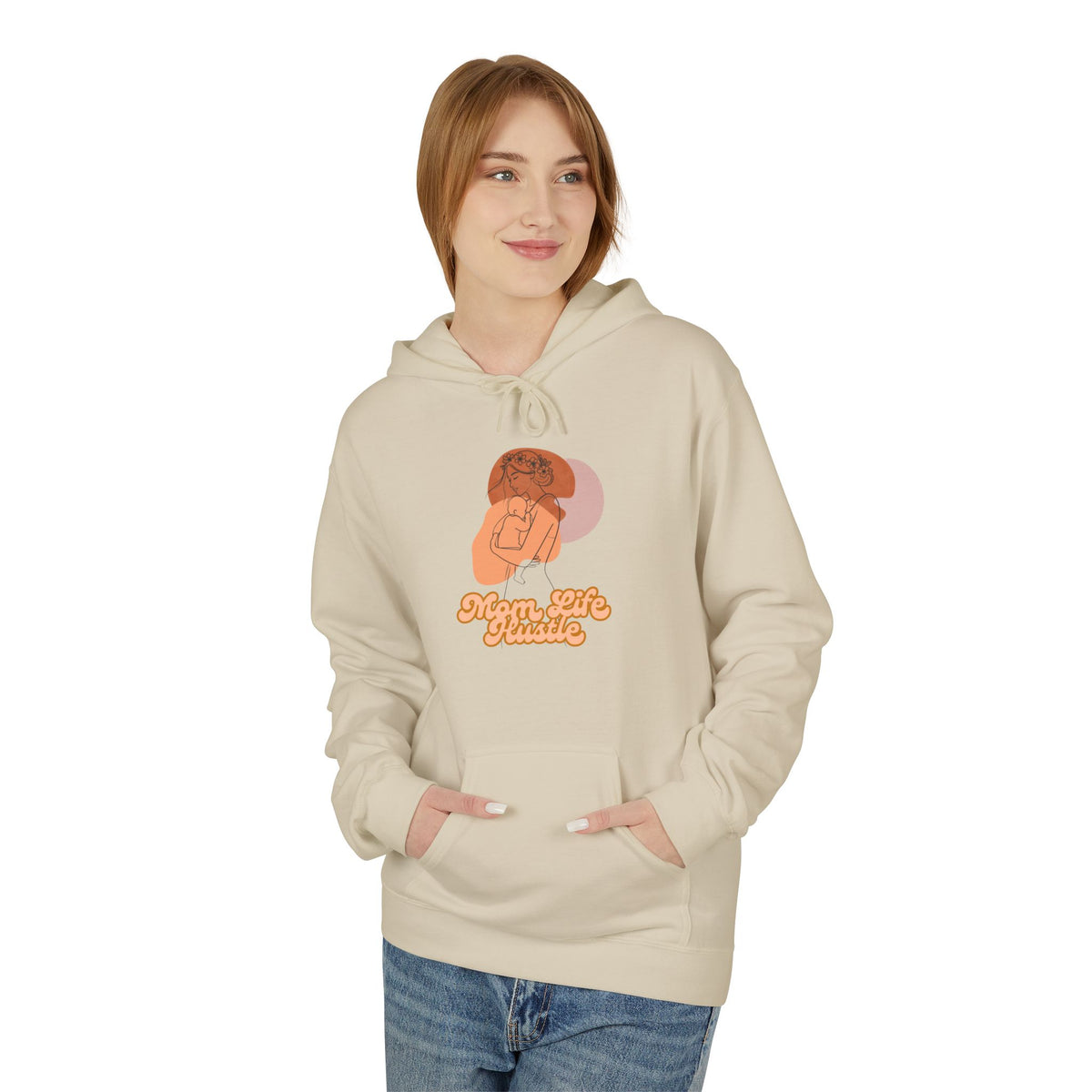 'Mom Life Hustle' Retro Hoodie | Delicate Line Illustration of a Mother & Baby