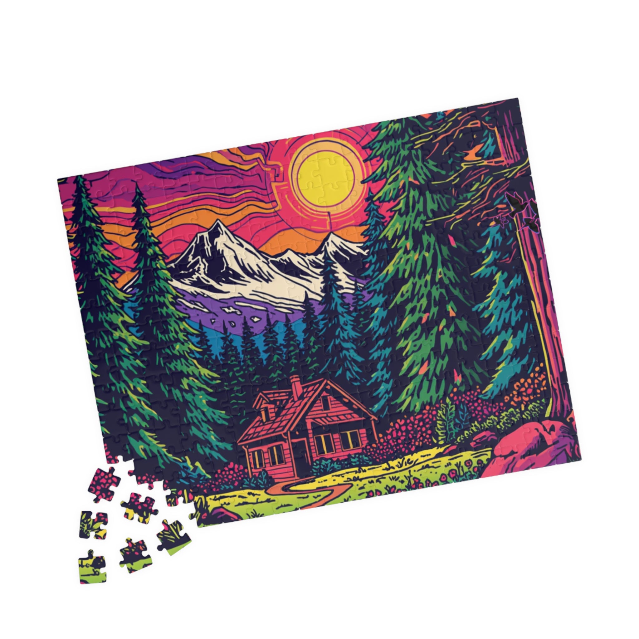 Jigsaw Puzzle | Scenic Neon Mountain Cabin Puzzle 110 or 252 Pieces