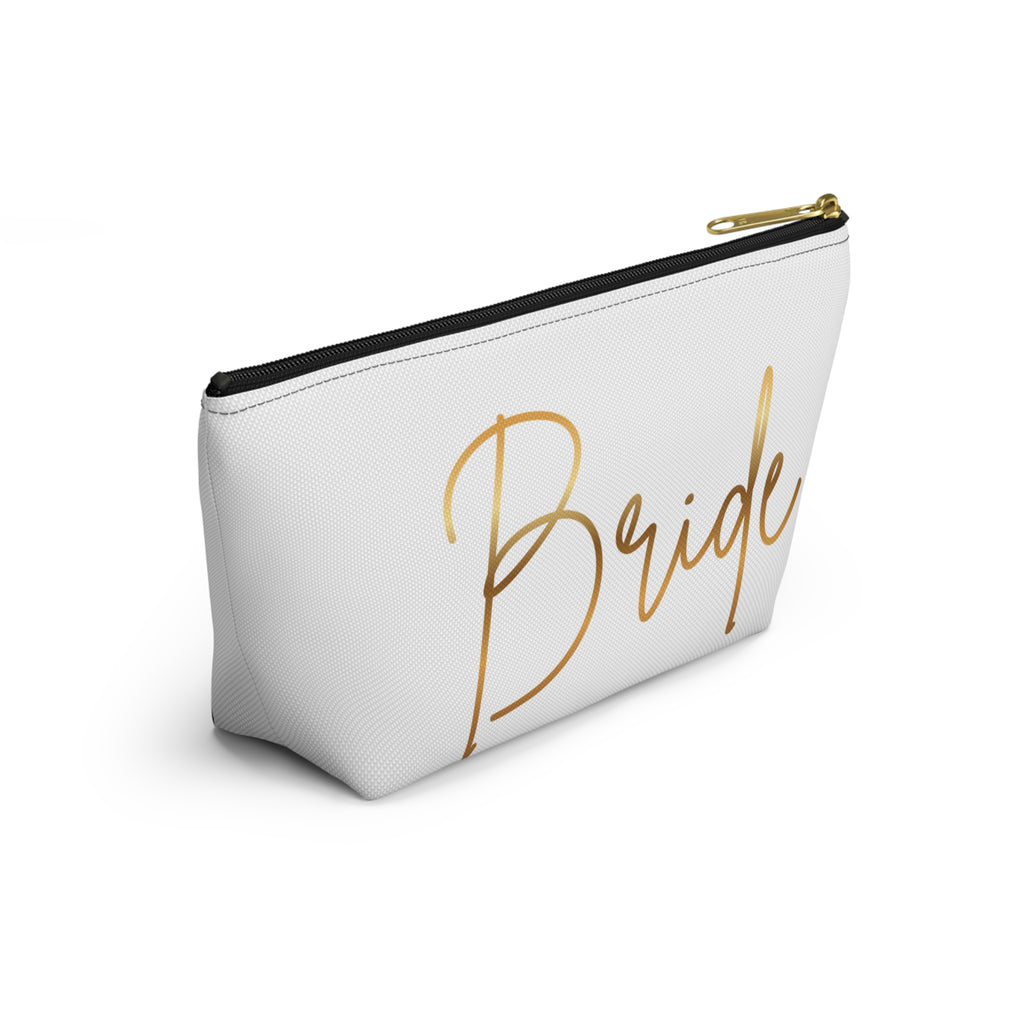 T Bottom Accessory Pouch | 'Bride' White with Gold Script Cosmetic Bag