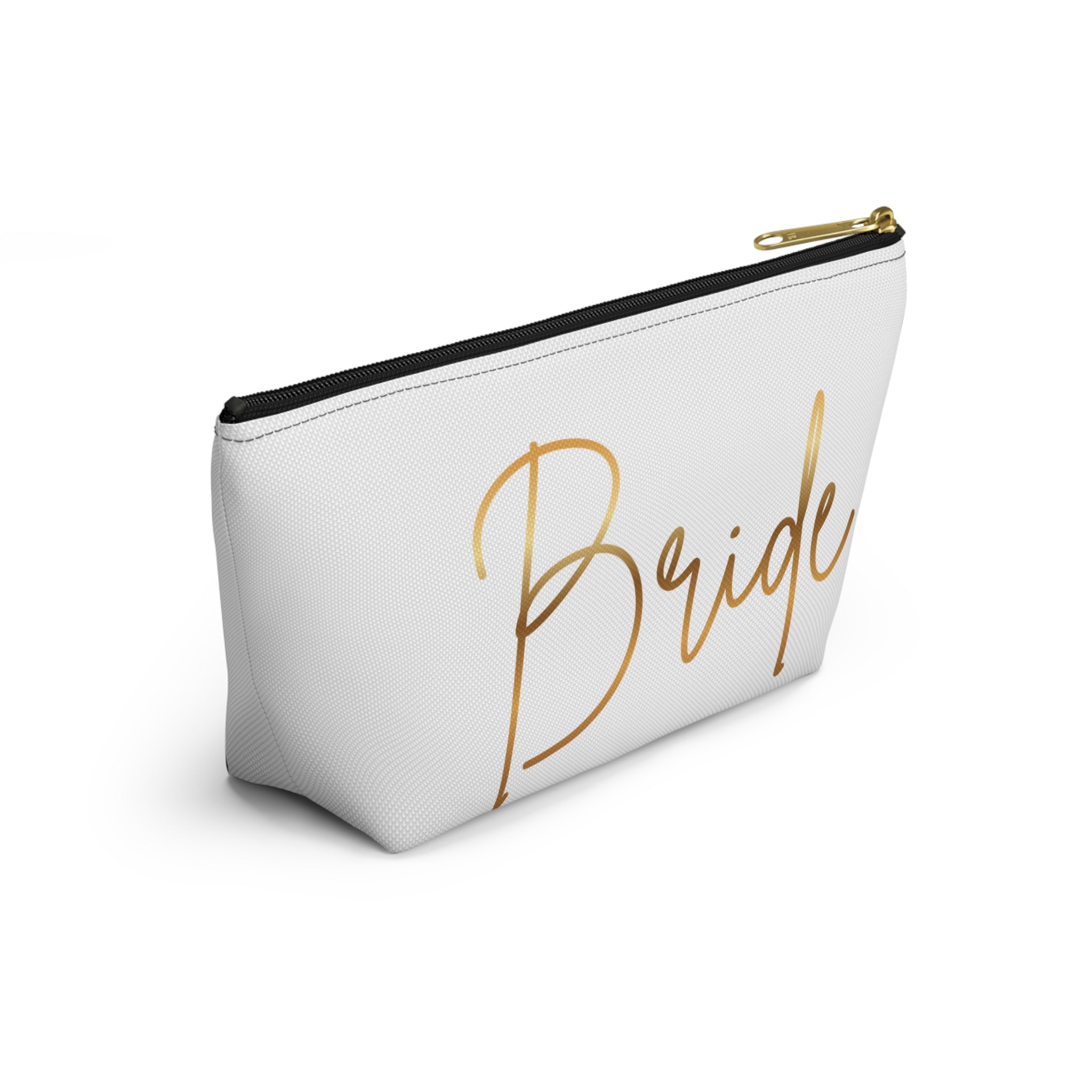 T Bottom Accessory Pouch | 'Bride' White with Gold Script Cosmetic Bag