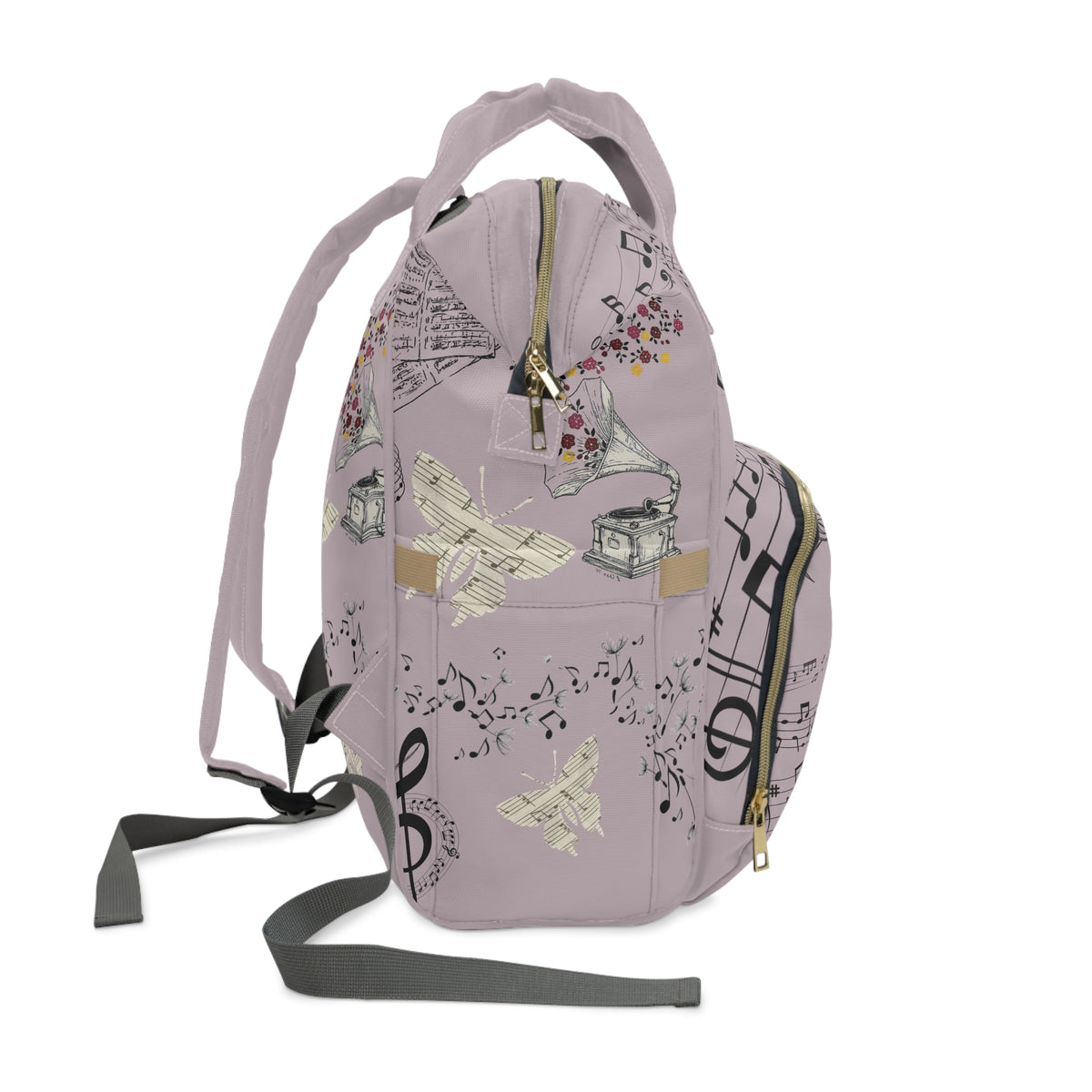 Diaper Backpack | Multifunctional Baby Bag with Vintage Gramophone & Sheet Music Print