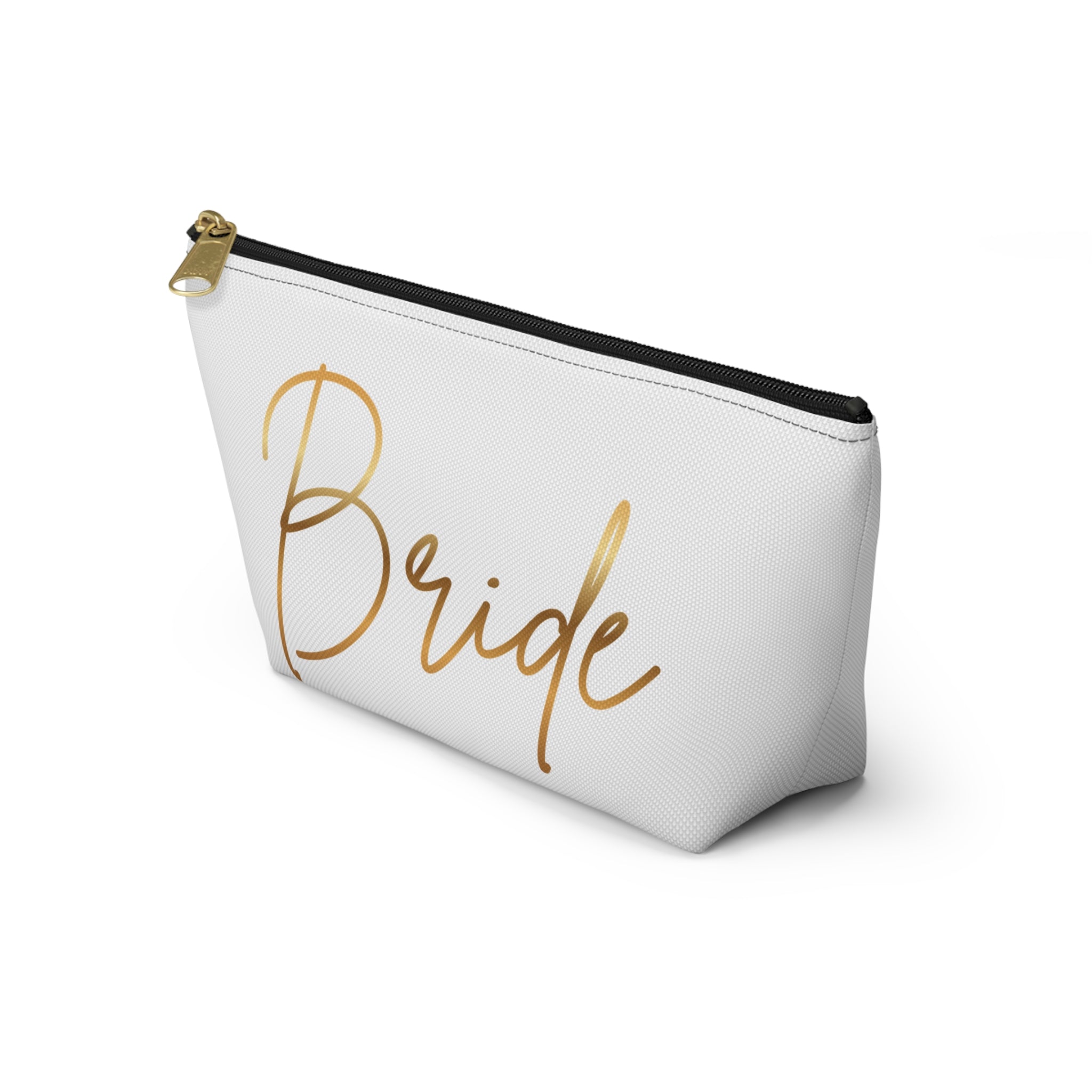 T Bottom Accessory Pouch | 'Bride' White with Gold Script Cosmetic Bag
