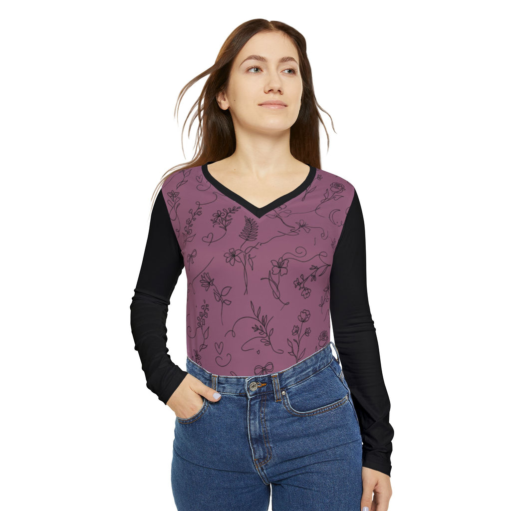 Floral Line Art Long Sleeve V-Neck Shirt