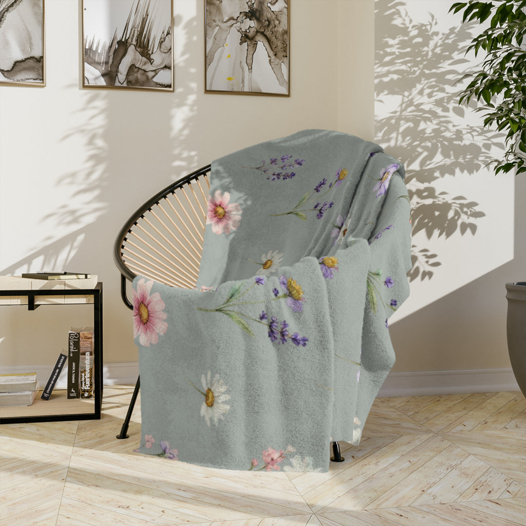 Pastel Wildflowers on Muted Olive Velveteen Throw