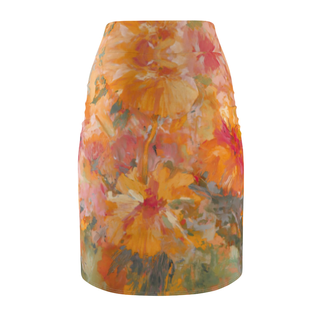 Women's Pencil Skirt | Watercolor Orange & Pink Abstract Floral Midi