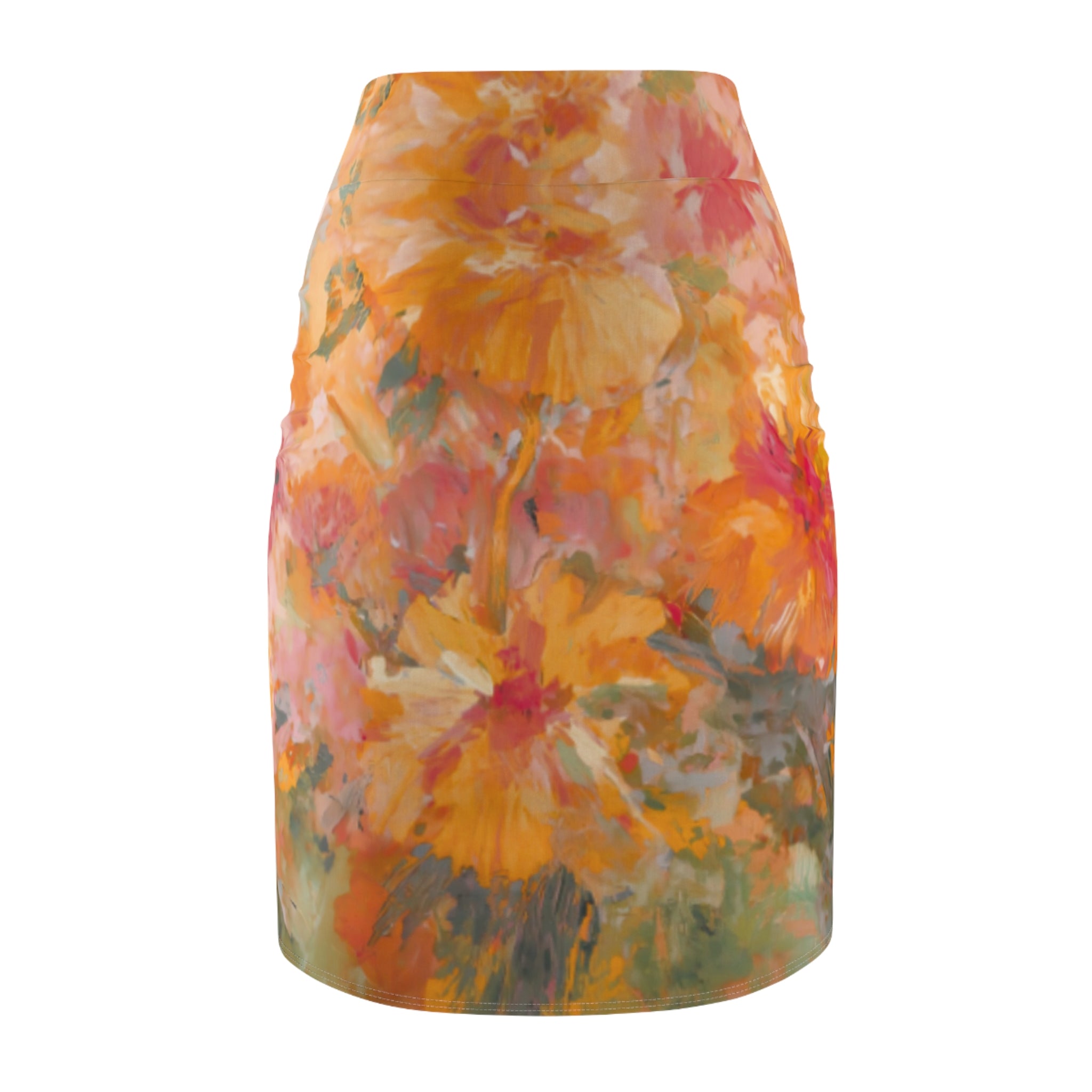 Women's Pencil Skirt | Watercolor Orange & Pink Abstract Floral Midi
