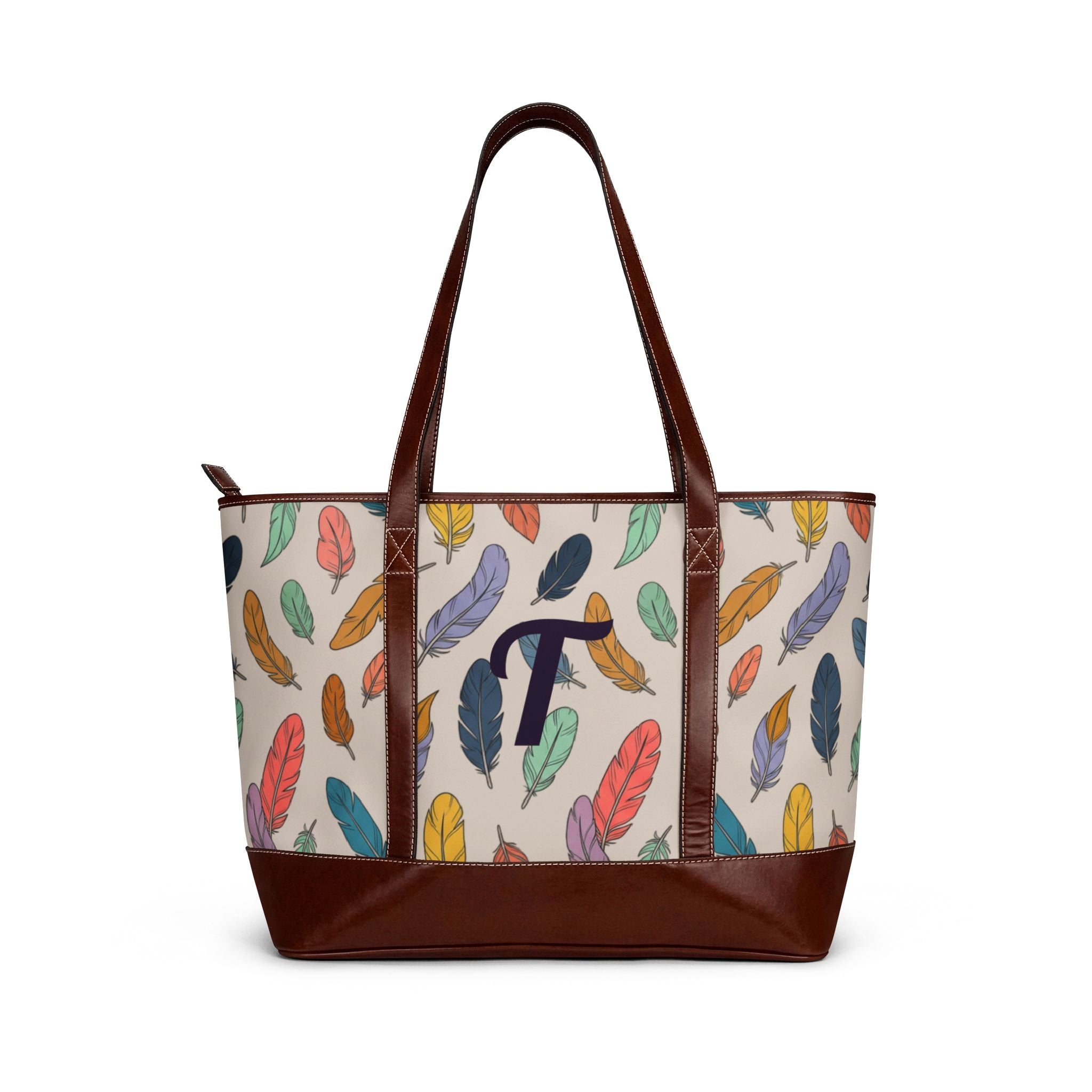 Handbag | Colorful Boho Feather Print Monogram Tote Purse