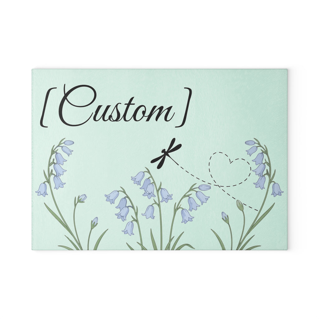 Glass Cutting Board | Bluebell Floral and Dragonfly with Custom Name Option